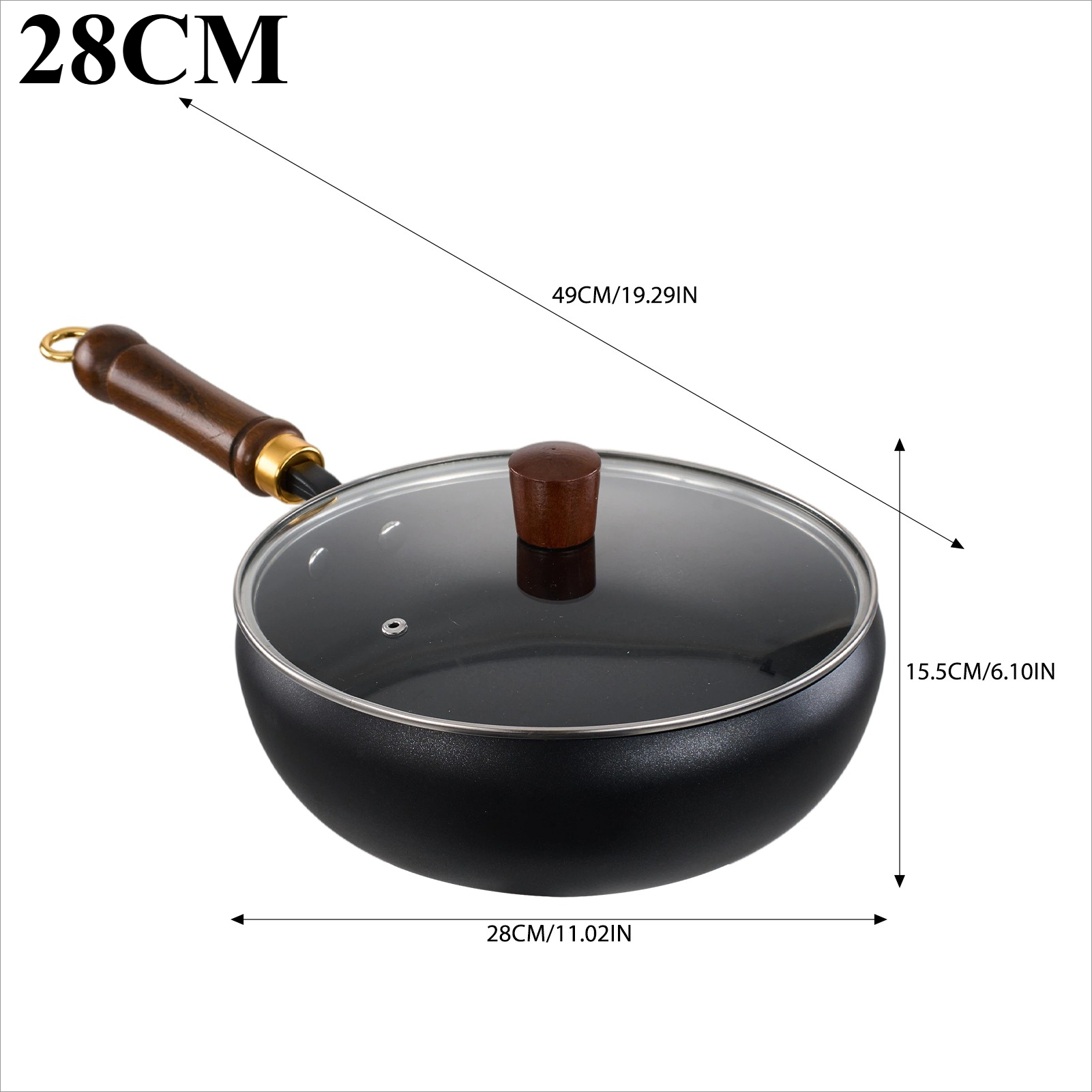 TEMU 24cm/28cm Iron With Glass Lid, Large Capacity Soup Pot, Suitable For Multiple Stovetops, Wooden Heat-resistant Handle, Kitchen Cookware