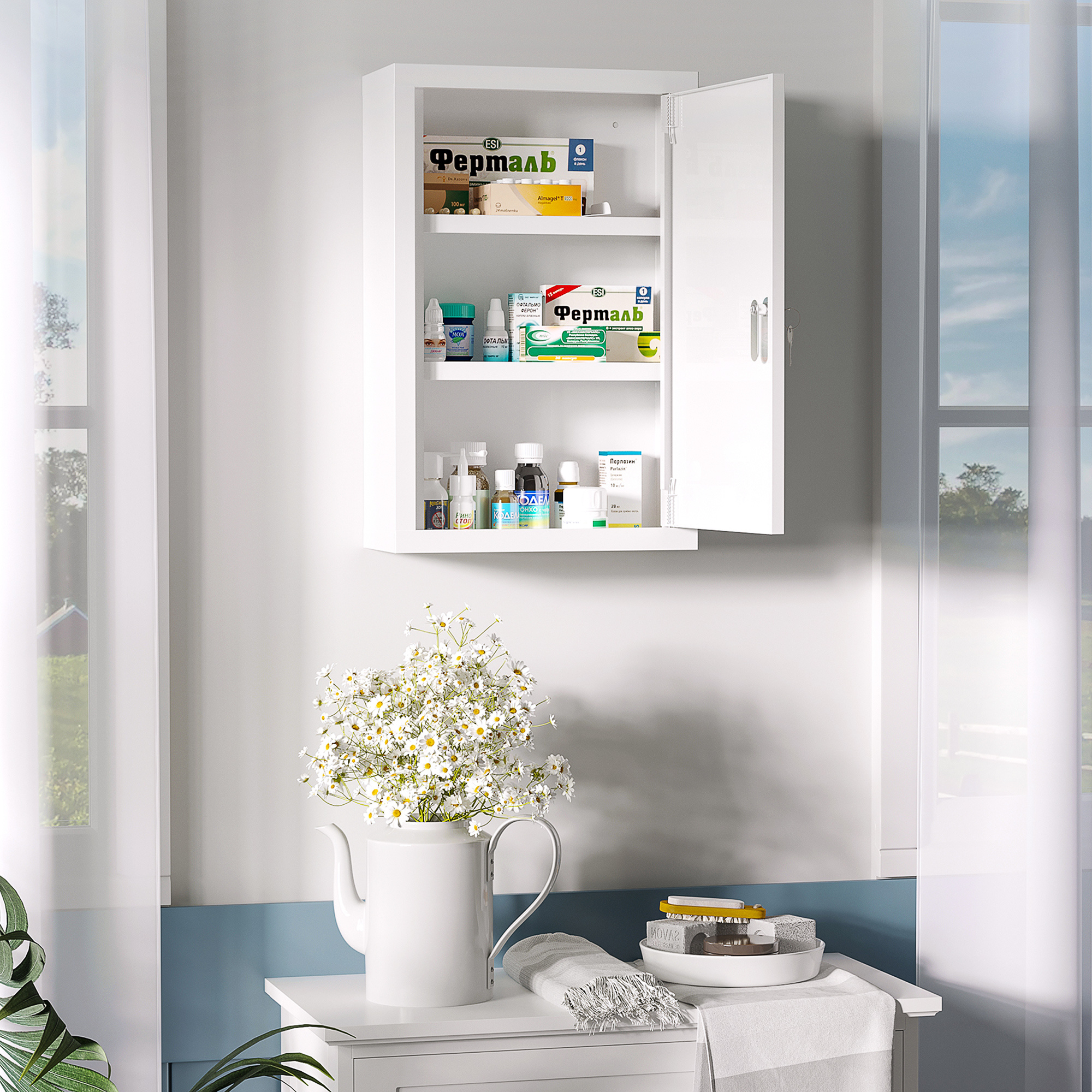 Medicine Cabinet, 3-tier Medicine Cabinet With 2 Keys, Cabinet, Lockable Medicine Cabinet With Wall-mounted Medicine Box, Steel, White, 30 X 14 X 46 Cm