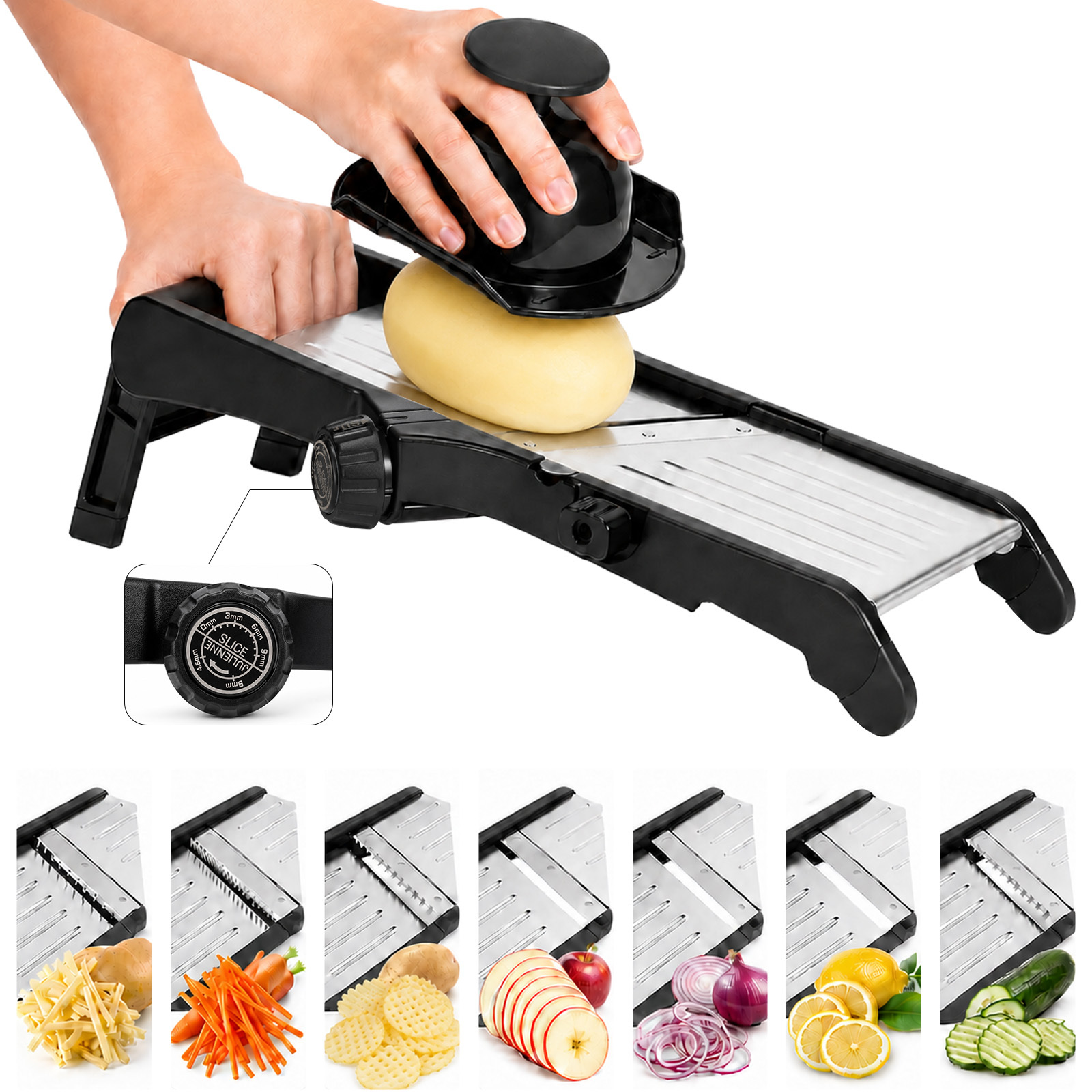 TEMU 7-in-1 Adjustable Mandoline Slicer For Kitchen, Stainless Steel Vegetable Cutter & Julienne Slicer With Thickness Adjustment Knob, Professional