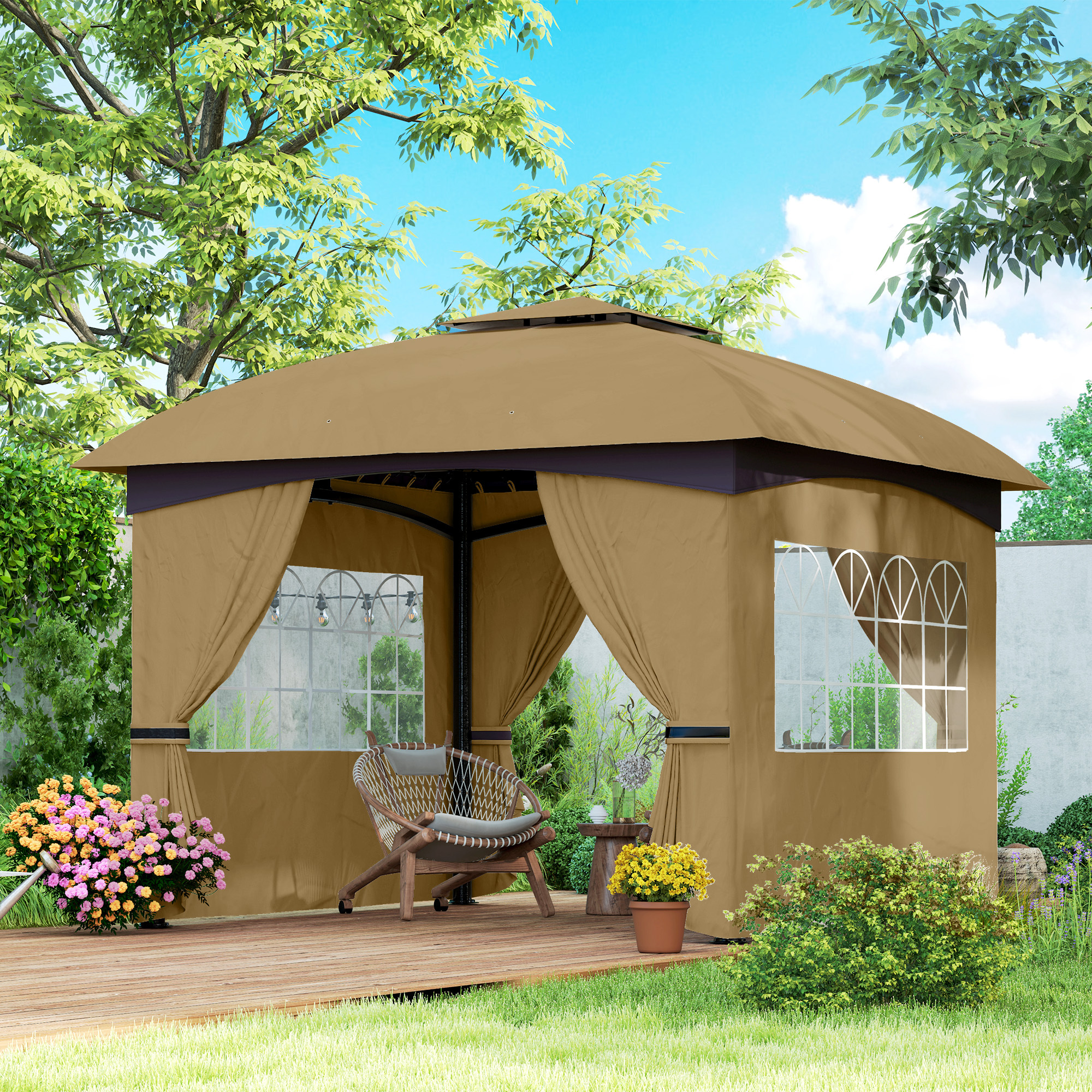 Garden . 3.4x3.4 -repellent With 4 Side Panels, Double Roof, Party Tent With Uv Protection, Garden Tent With Galvanized Metal Frame, For Garden Beige
