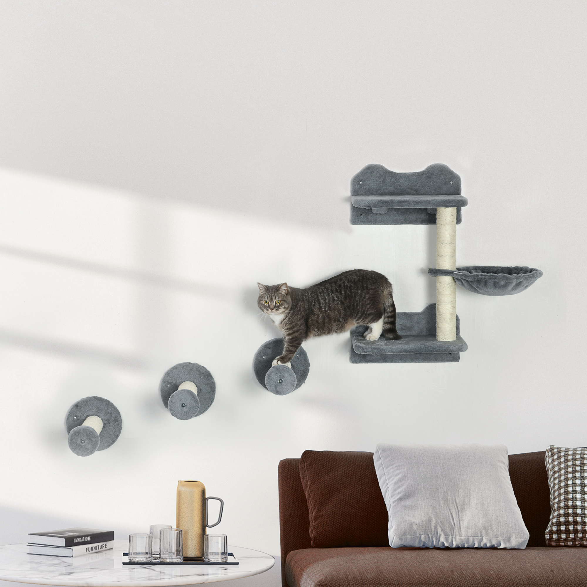 Climbing Wall For Cats, 4pcs Cat Climbing Wall Set With Jump Tower, 3 Scratching Posts, Scratching Post With Hammock, Wall Scratching Post, Wall Cat Furniture Up To 5 Kg, Beige+cream White