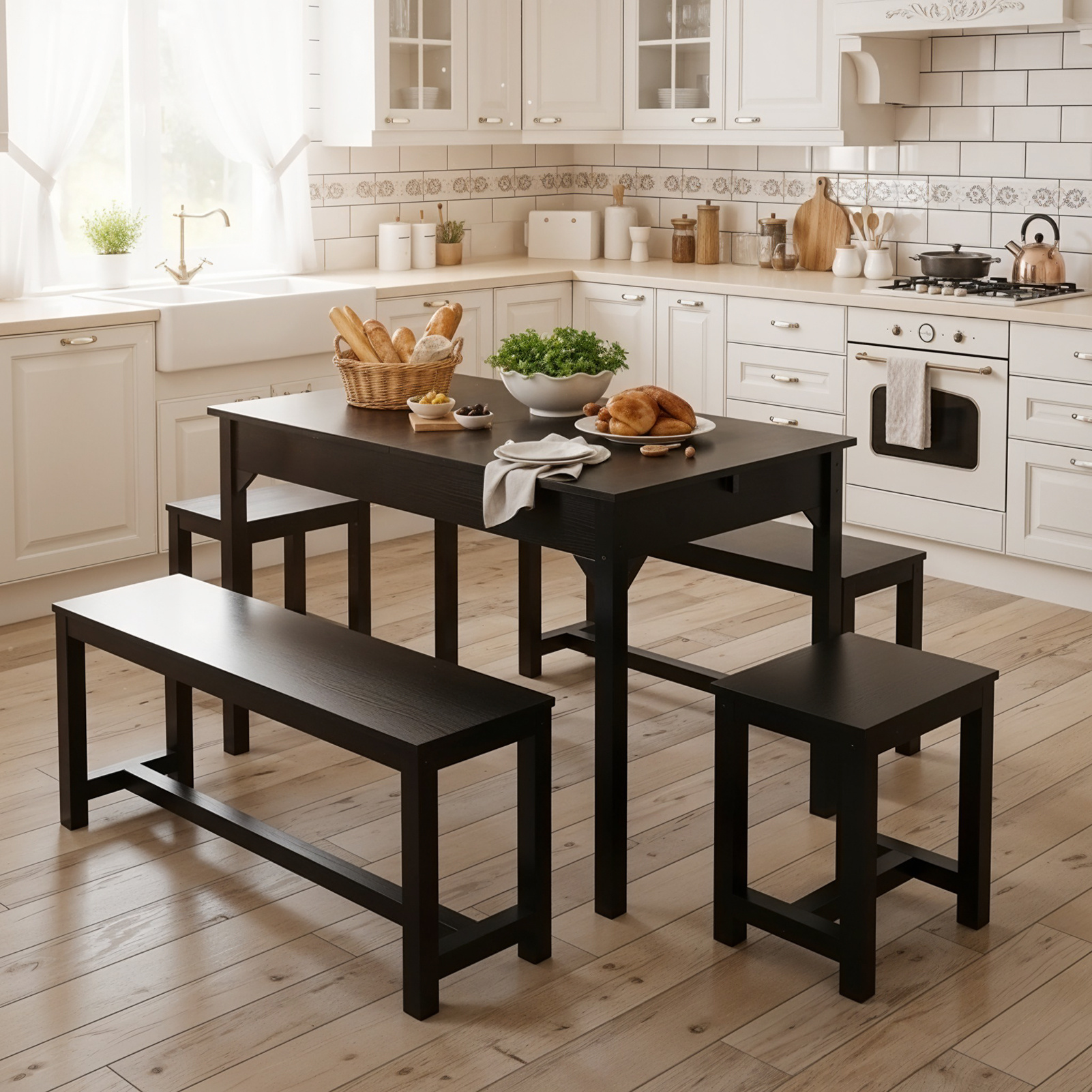 TEMU 5-piece Table And Chair Set, Extendable Kitchen Dining Set – Includes 2 Benches And 2 Square Stools, Extendable Table Top, Suitable For 4–8