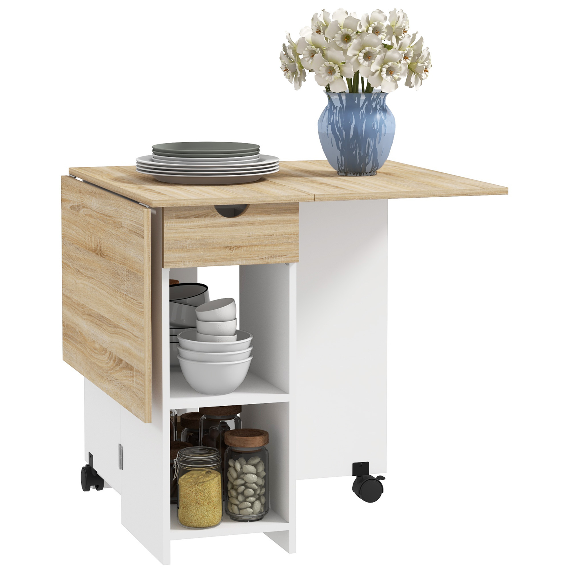 TEMU HOMCOM Mesa Plegable de Comedor Mesa de Cocina Plegable con Ruedas Abatibles Cajón y Estantes Mesa Plegable para 2-4 120x72x75 cm y