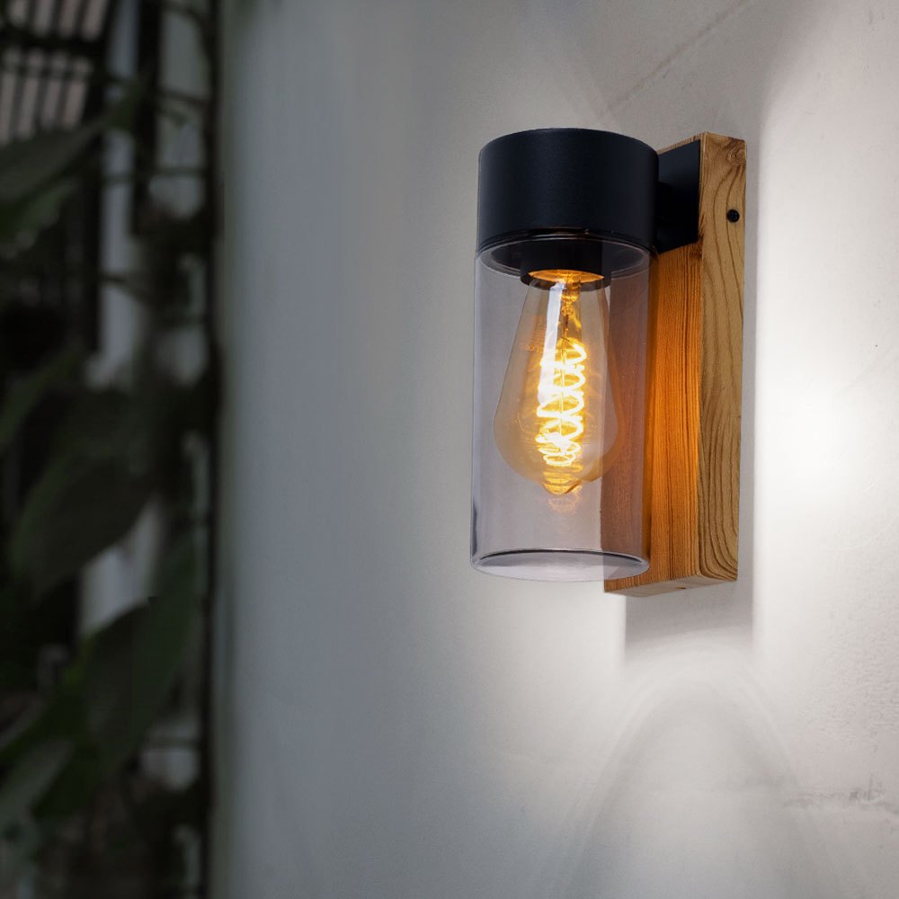 Image of Outdoor Wall Lamp, Patio Light, Modern Facade Light With Wood Look, Stainless , Smoky Black, 1x E27, Lxwxh 12.4x9x22.5 Cm