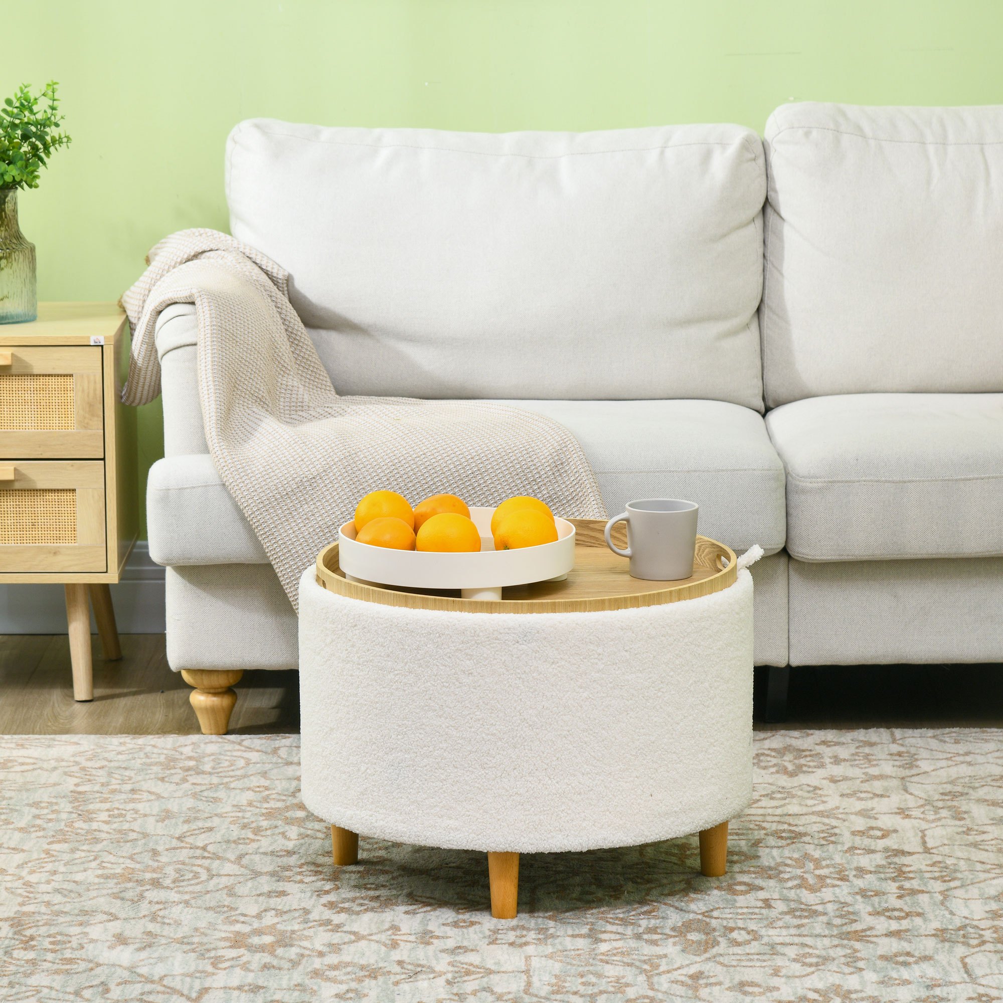 Image of Storage Ottoman Stool With Round Cushion Stool With Hinged Lid, Wooden Legs, Modern, For Living Room, Bedroom, White, Ø56 X 42 Cm