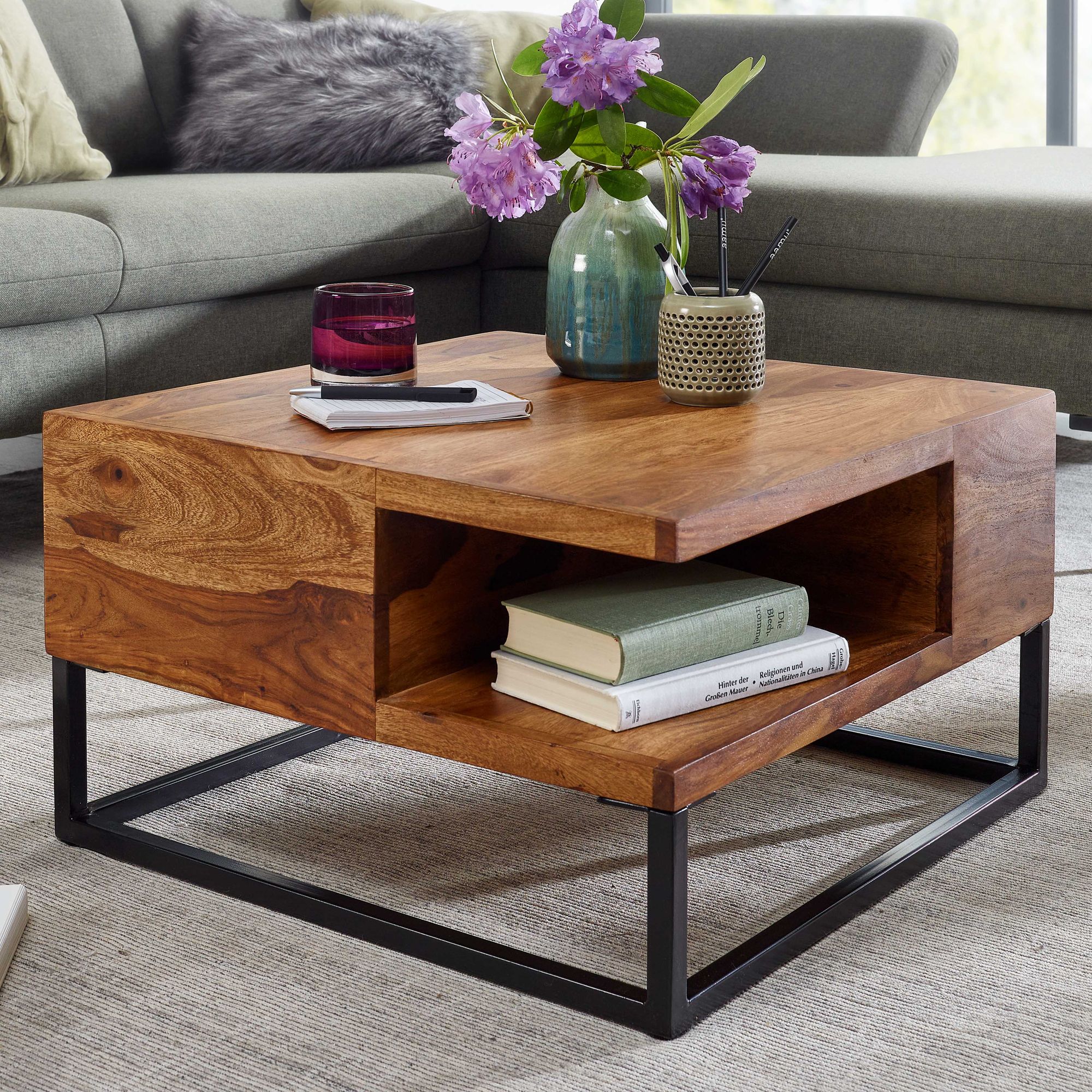 E-shop Couchtisch 60x60x34,5 cm Massivholz / Metall Sofatisch Eckig, Wohnzimmertisch mit Stauraum, Kaffeetisch Massiv, Kleiner Tisch Beistelltisch