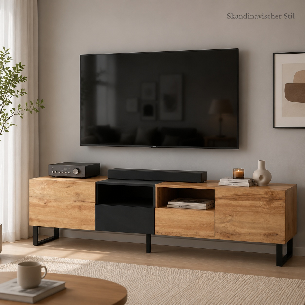 Image of 190*38*48 Cm Cabinet 190cm In Oak Wood Look With Black Contrast, Multi-functional Tv Cabinet With Of Storage Space, Usable As A Coffee Table Or Sideboard.