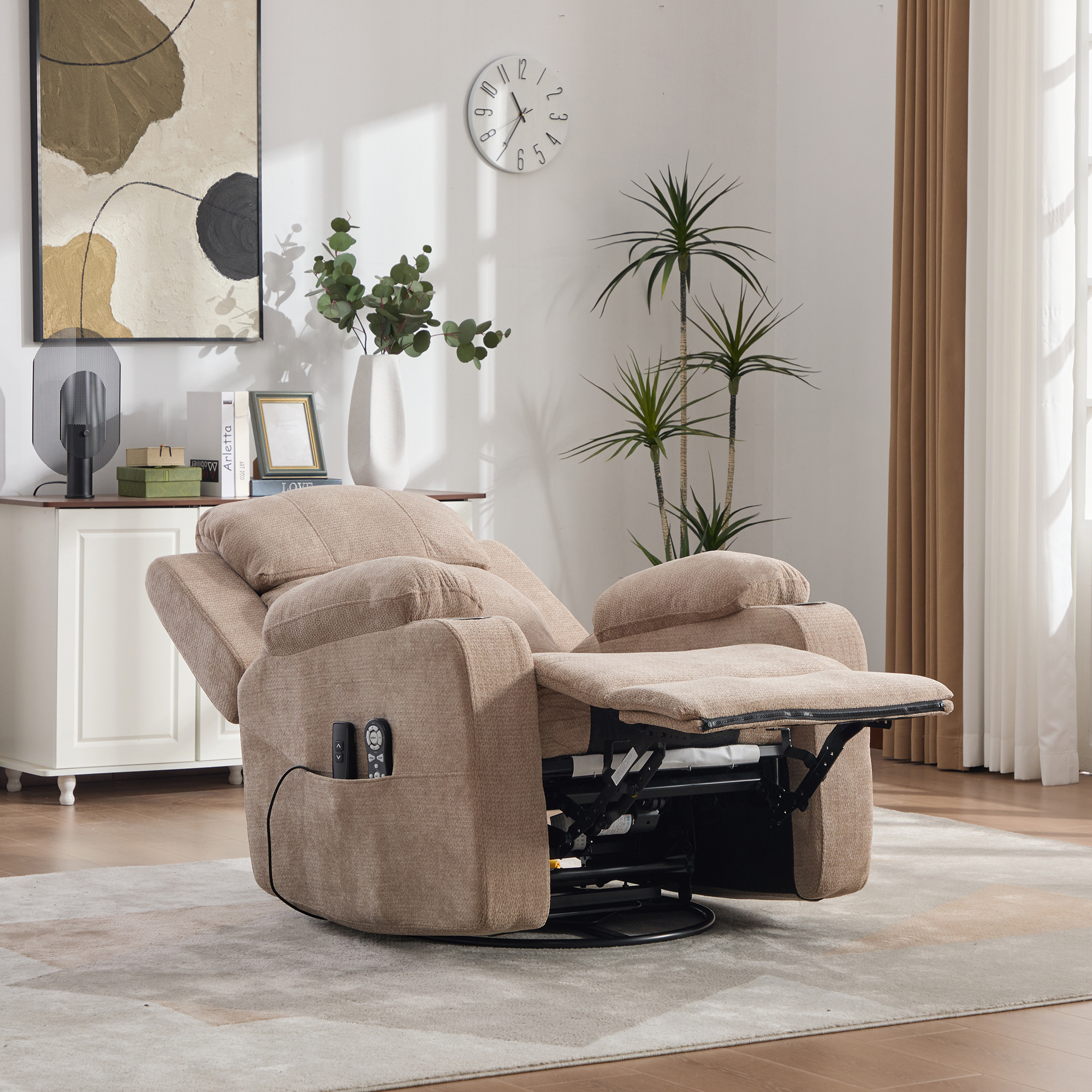 Recliner Chair With Adjustable Backrest And Footrest, As Well As Side Storage Pockets And Cup Holders. Gray