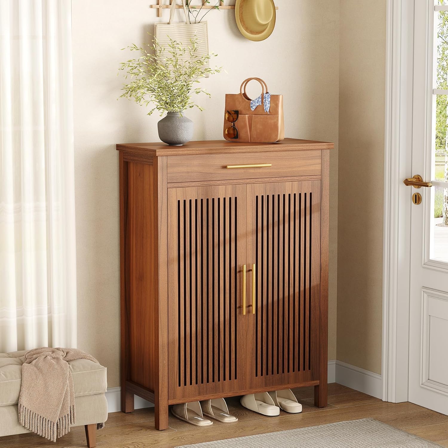 Image of Vintage Shoe Cabinet, 5-tier Narrow Shoe Cabinet With Slat Doors And Drawer, Freestanding Wooden Adjustable Shoe Rack Organizer For Entryway, Hallway, Closet, 80 X 36 X 110 Cm, Brown