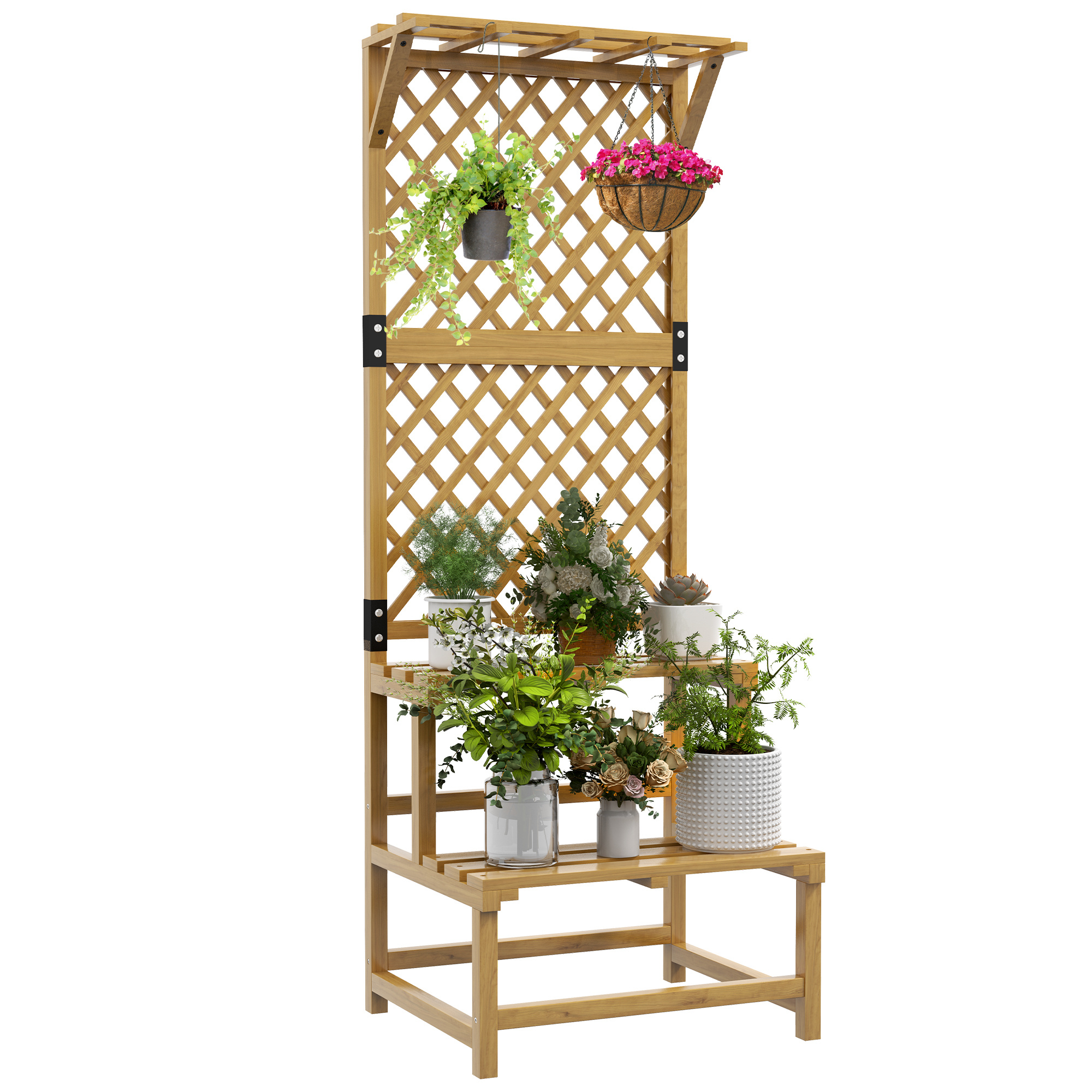 TEMU Support de Plantes d'Intérieur Outsunny à Niveaux avec Treillis pour Jardin et Terrasse en Bois Jaune