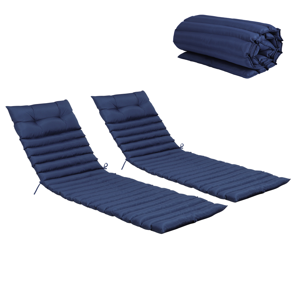 Image of Garden Lounger Cushion Set Of 2, Navy Blue, Polyester (), High-quality Foam (no Deformation), With Fastening Straps + Adjustable Strap, For Lounge Chairs, Sun Loungers