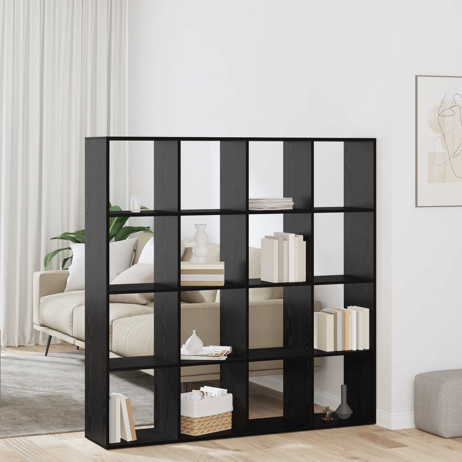 Image of Bookshelf, 16 Tiers, 137.5 X 29 X 137.5 Cm, Wood, Rectangular Modern Bookshelf, Storage Space, Freestanding Living Room And Bookcase