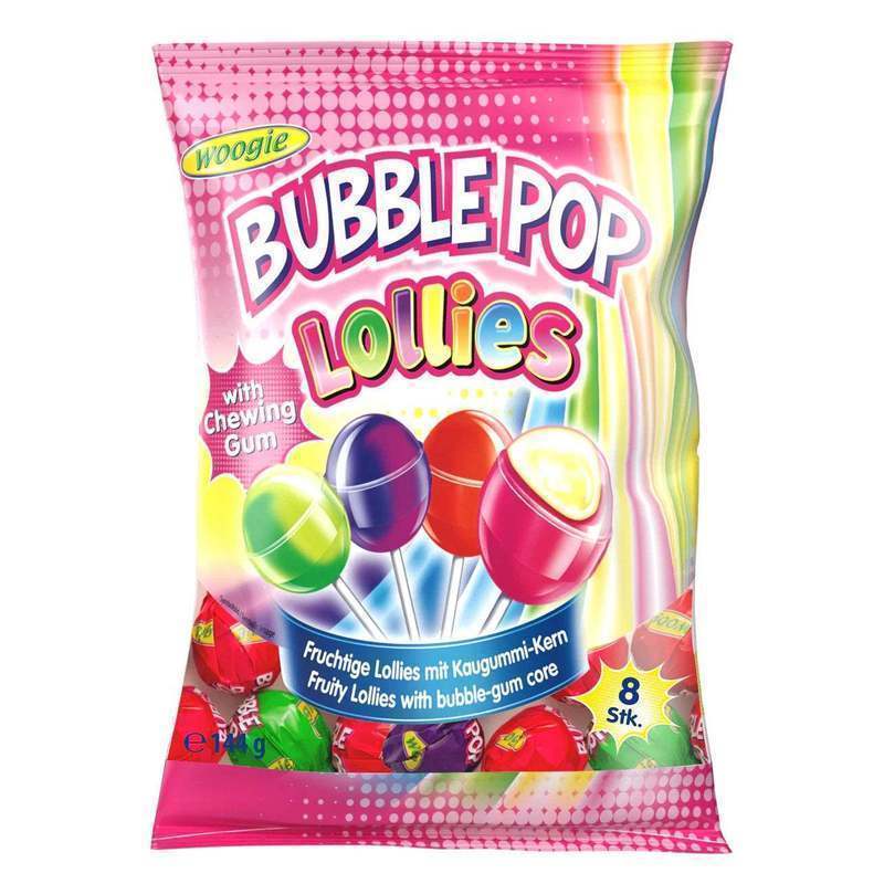 Woogie Bubble Pop Fruit Lollipops With Chewing Gum 144g