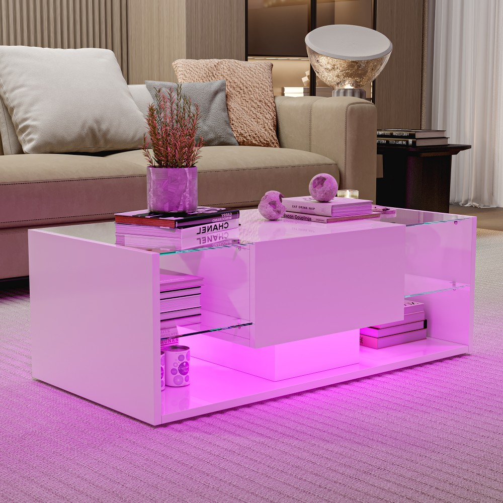 Image of Christmas Decorations Living Room Coffee Table With Led, Modern Coffee Table With Open Shelves And 1 Drawer, Rectangular Glass And Mdf Storage Cabinet, Weihnachtsgeschenk.fsa56