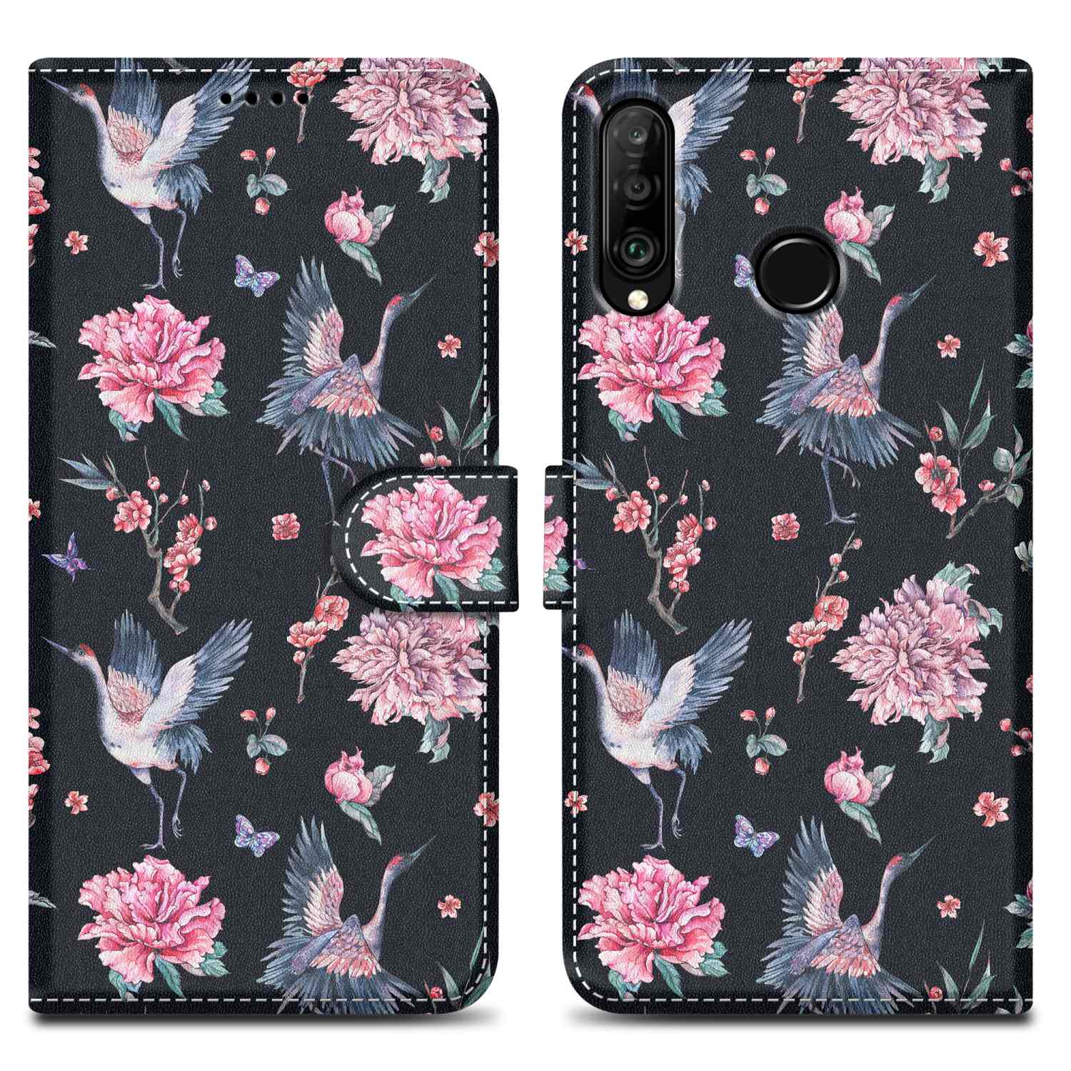 Image of Case Compatible For Huawei P30 Lite Design Crane & Flowers No. 9 Protective Case With Magnetic Closure, Stand Function And Card Slot Flip Case Cover Etui Mobile Phone Flip Case Book Bag