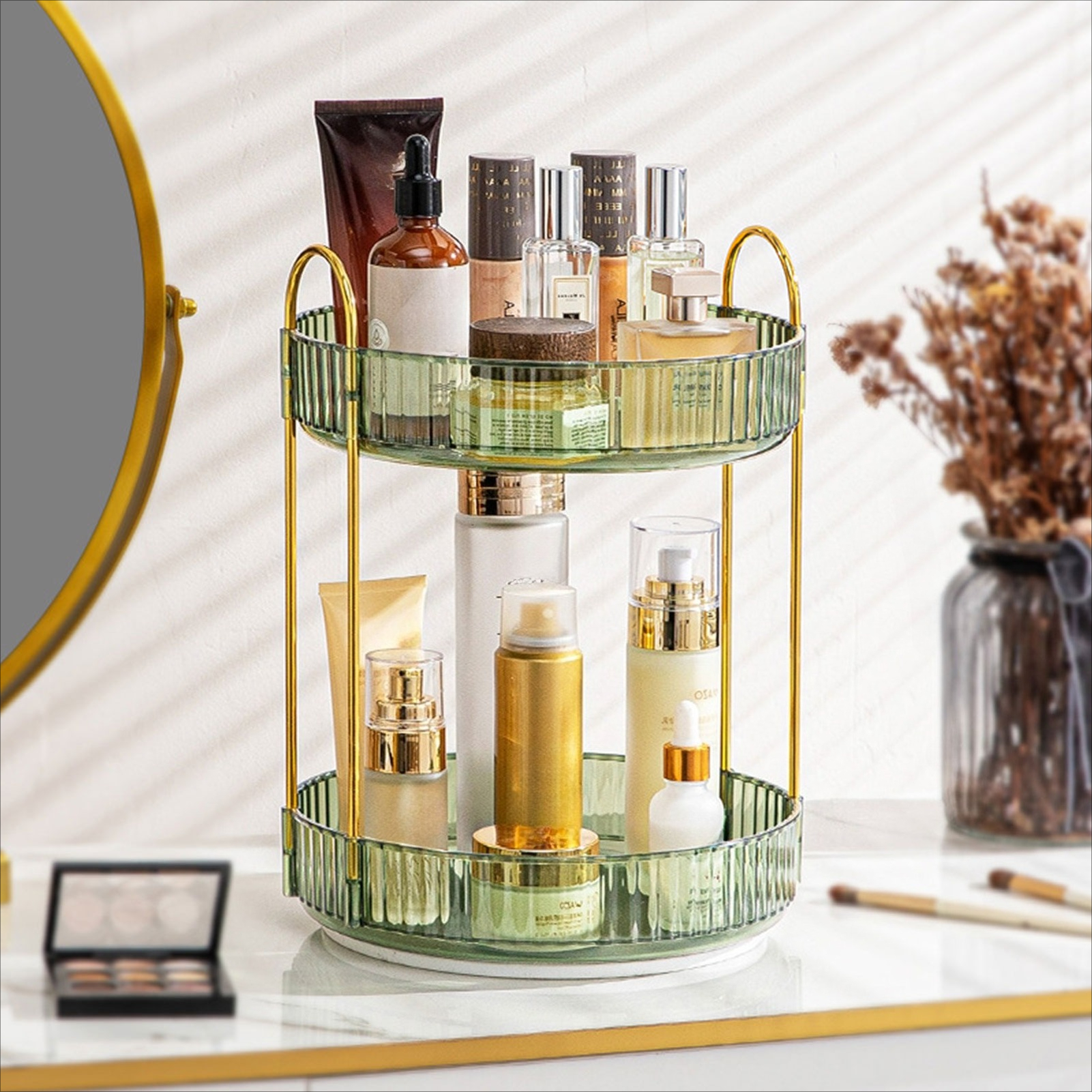 TEMU Vanity Organizer With 360 Degree Rotating Feature, 2 Shelves Green Plastic Makeup Storage Shelf, Large Capacity Skincare Organiser For Bathroom