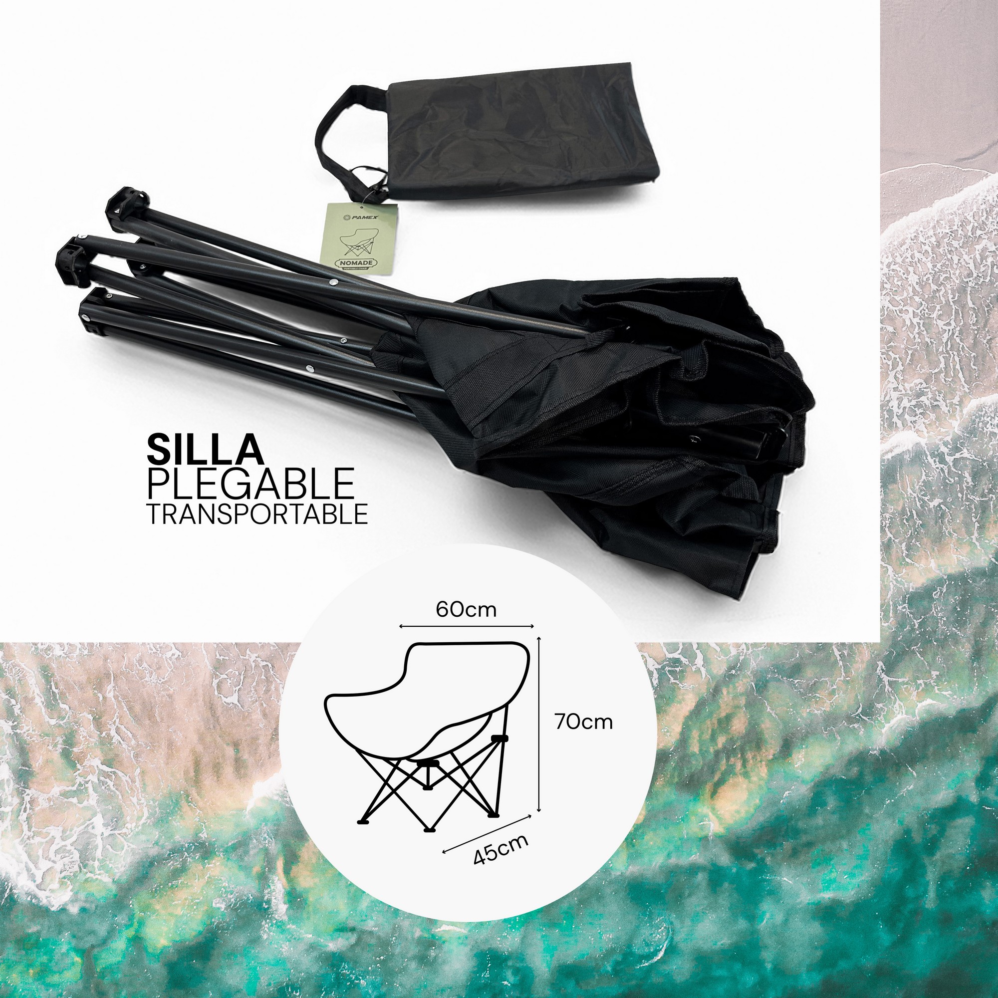TEMU PAMEX -Silla plegable playa 16x16x69 cm – Silla de playa plegable reclinable para camping, jardín o playa – , con bolsillos y de transporte.