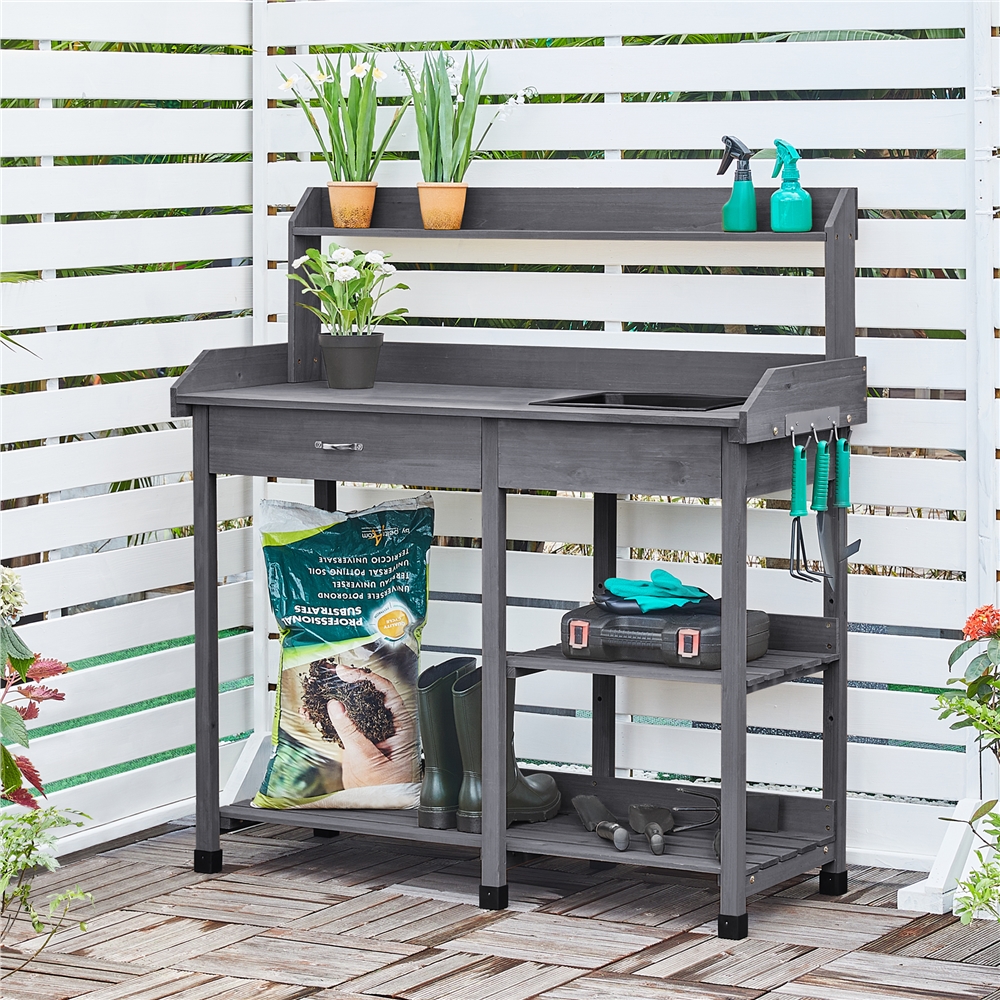 E-shop Costoffs Pflanztisch mit Waschbecken Gärtnertisch Holzpflanztisch Blumentisch mit Schubladen & Verstellbaren Ablagefläche & Haken