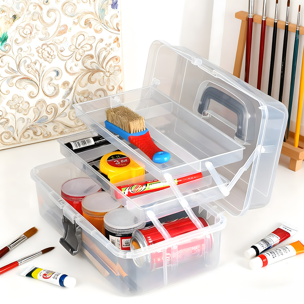 TEMU Compartment Plastic Storage *19*14cm Transparent Version, Portable Three-layer Structure, Desktop Tool Storage Essential, High-quality Plastic