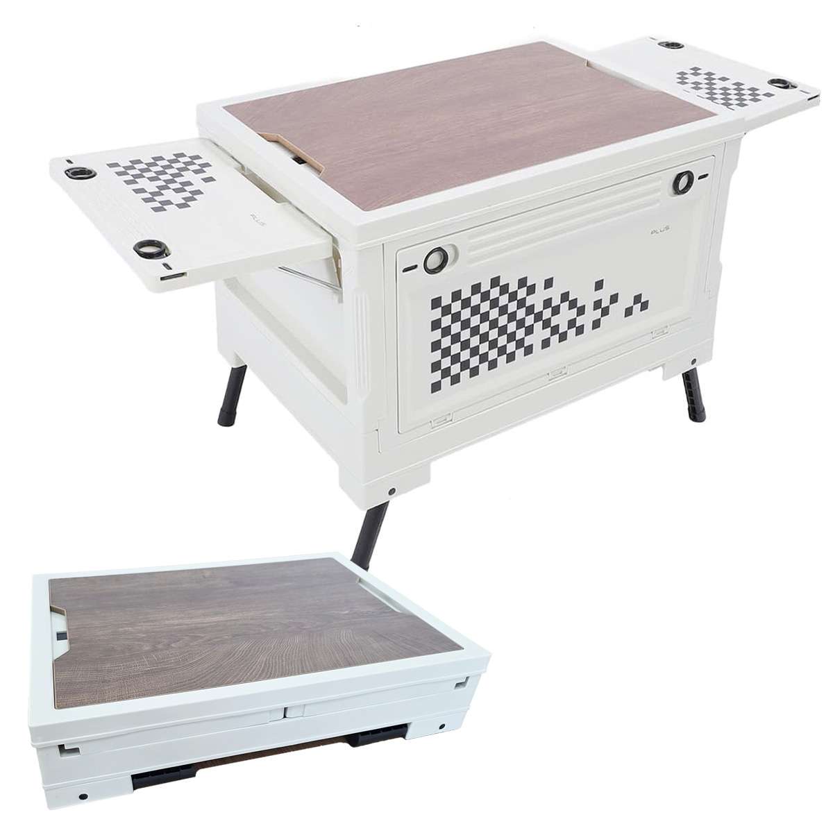 TEMU de Almacenaje Plegable ® 56L con de Madera - Organizador Multifuncional 4 Aperturas para Camping, Maletero de Coche y Hogar, Mesa de Picnic