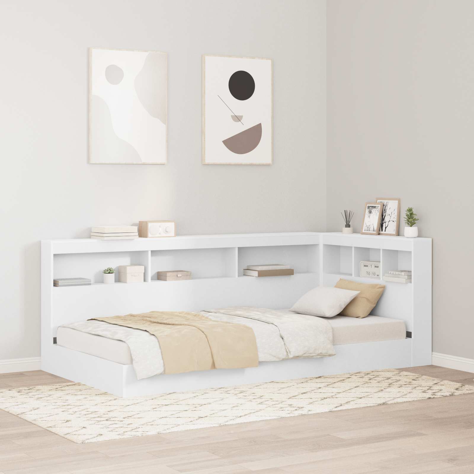 Image of Storage Headboard, White Wood Material, Bedroom Furniture, Rectangular Headboard, Space-, Stylish, Functional Storage Solutions