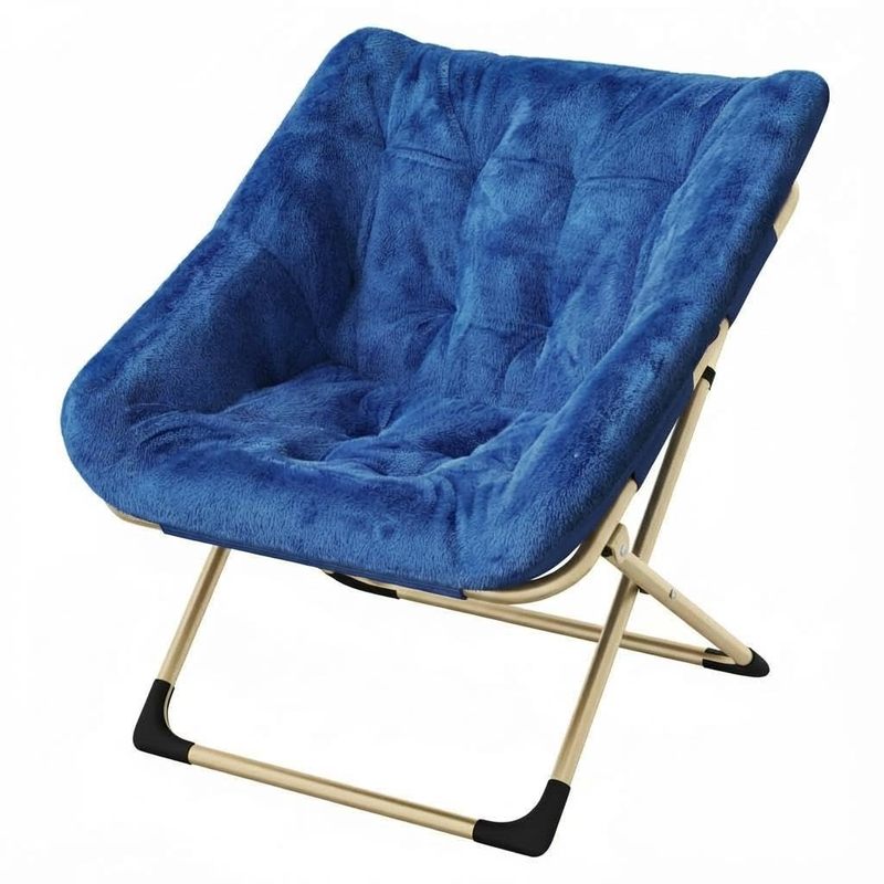 Collapsible Saucer Chair For Adults – Soft Faux Fur, No Assembly Needed, Sturdy Metal Frame – Cozy Lounge Accent For Bedroom, Living Room, Dorm, Apartment – Blue With Gold Legs