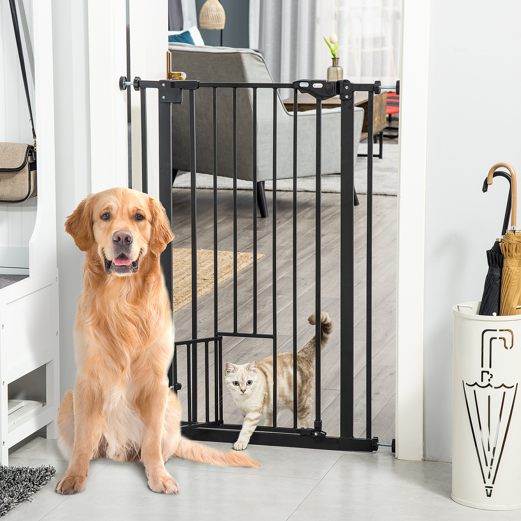 Stair Gate Door Gate, No Drilling Required, 74-80cm Child Safety Gate With Cat Flap, Auto-close, One-hand Operation, Double Locking, Door Gate For Kids And Pets, For Stairs And Doors, Black