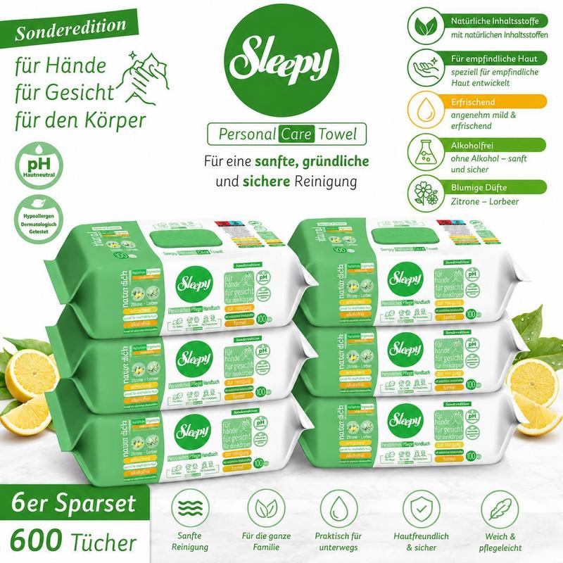 Easy Clean Sensitive Wet Wipes Lemon - 6x100 Wipes – For Babies, Children & Adults – Alcohol-free, Ph Skin-neutral, Hypoallergenic, For Hands