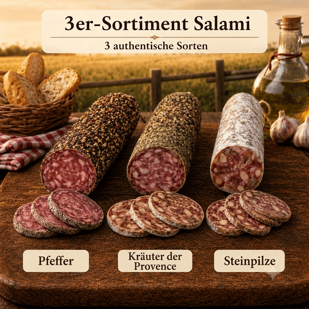 Image of 3-piece Salami Assortment - Flavors: Pepper, Herbs Of Provence, And Porcini Mushrooms ◈ 100% French Salami ◈ Natural Casings And Hand-tied ◈ Artisanal Craftsmanship By Chillet House Since 1902