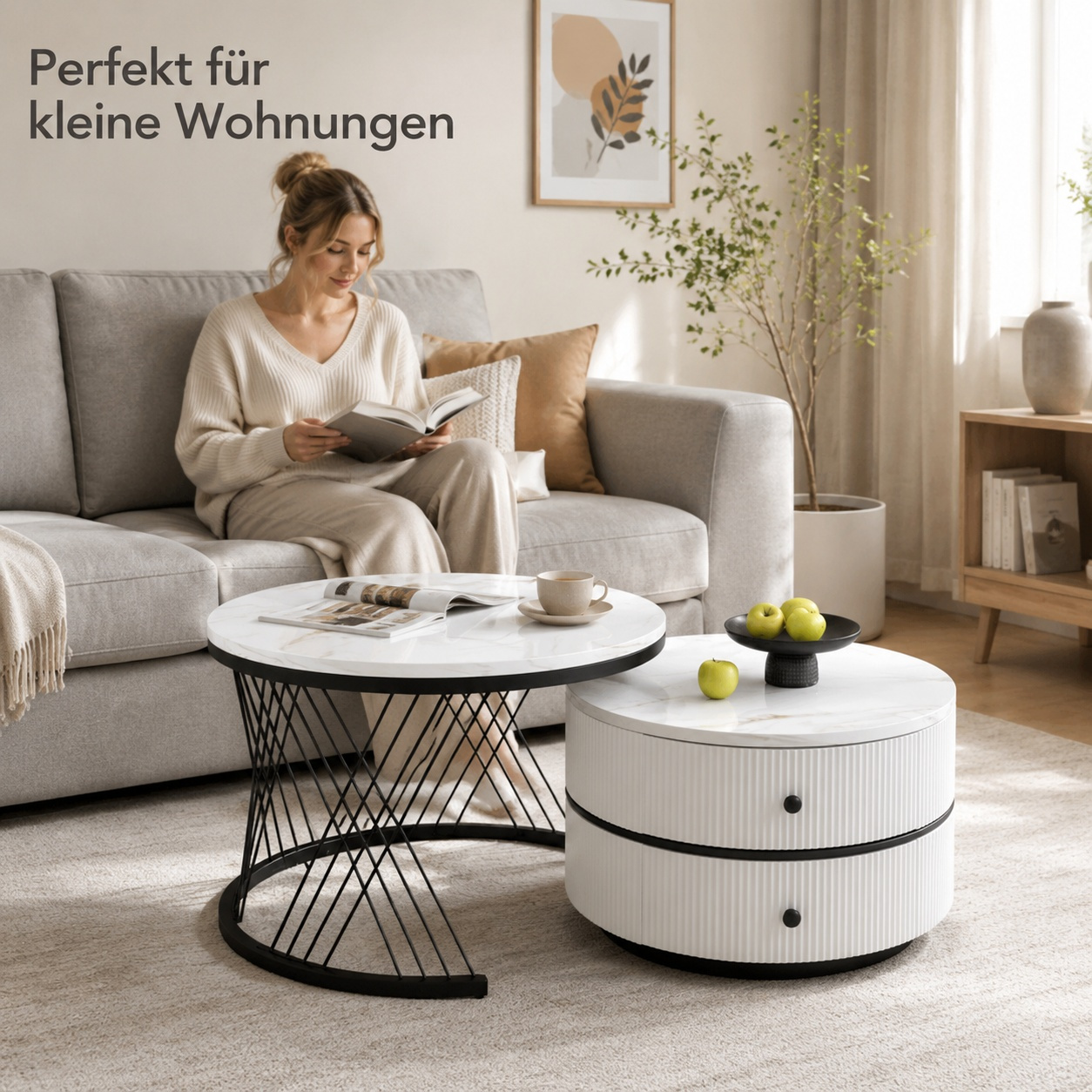 2-piece Modern Marble-look Coffee Table Set With Drawers, Nesting Table Set With Metal Frame For Living Room