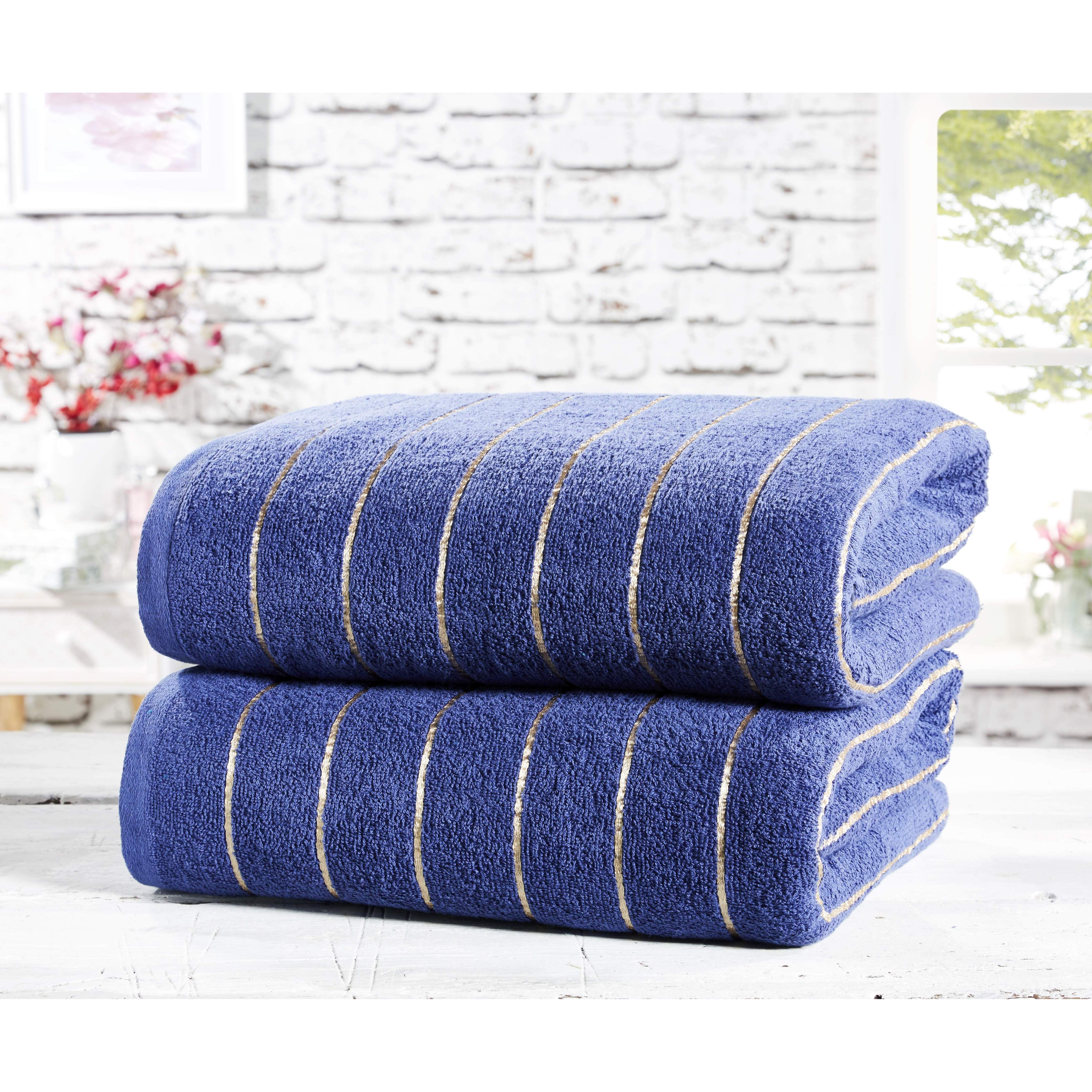 TEMU Luxury 500 Gsm Striped Cotton 2-piece Bath Sheet Set – 90x140 Cm | , Absorbent & Quick-dry | Plush Large Towels In & | Durable, Fade-resistant &
