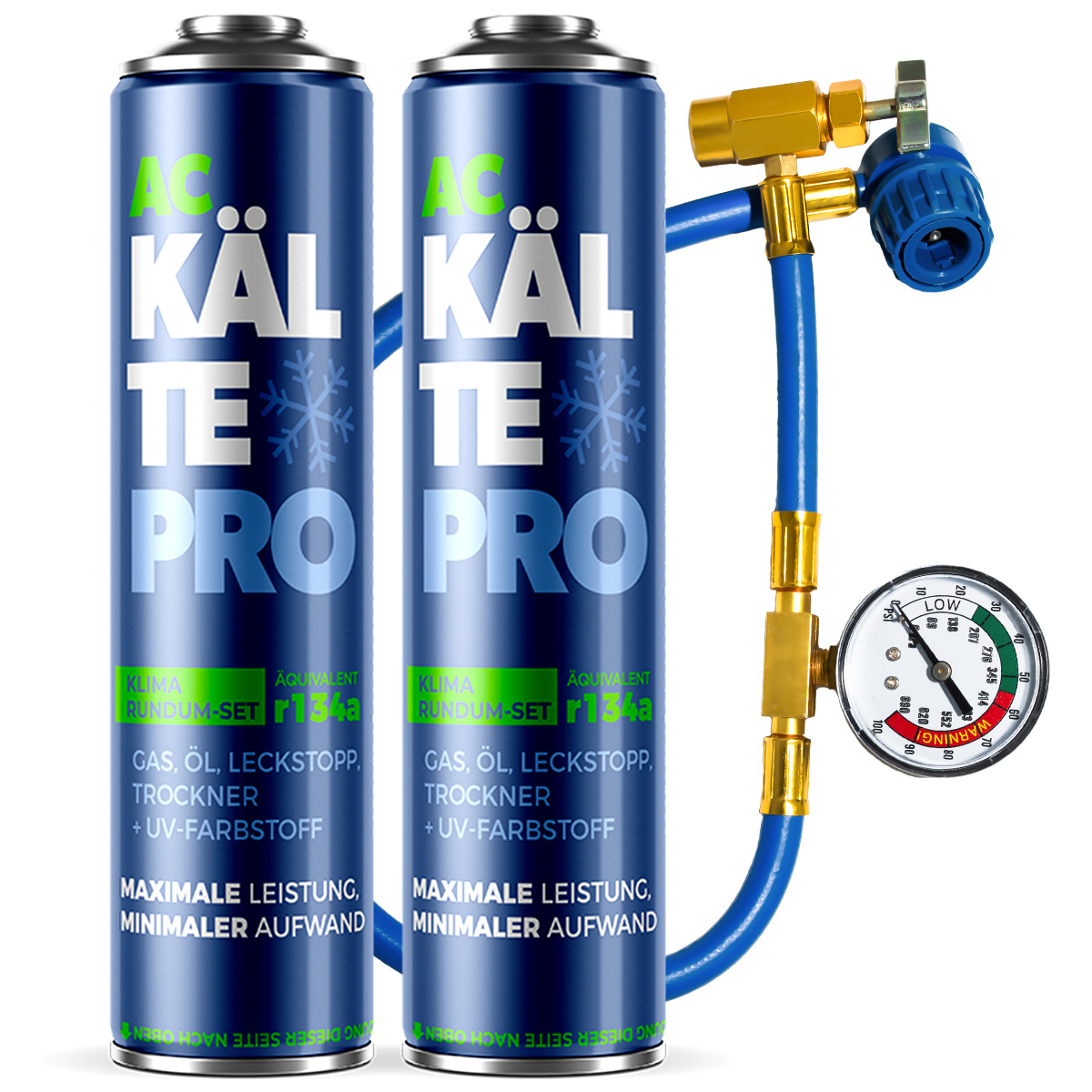 E-shop Set mit 2X 5W1 R134A 292G KALTEPRO Kältemittel für Auto-Klimaanlage, Schlauch mit Manometer, Öl, Dichtmittel, Trockner, UV-Farbstoff, Kit für