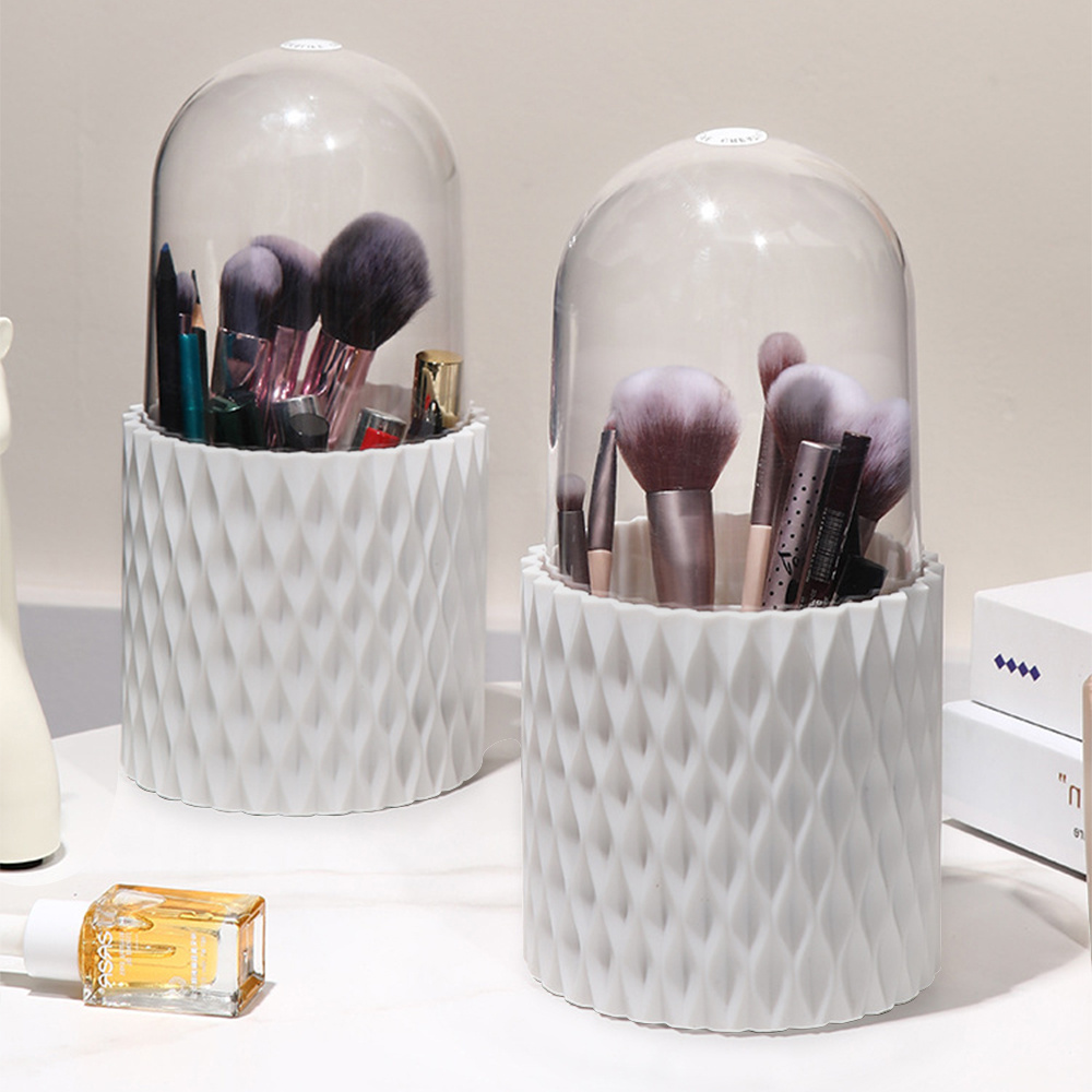 TEMU Makeup Brush Holder With Lid Rotating Makeup Brush Organizer Manicure Tool Storage Box With Compartment White 23cm