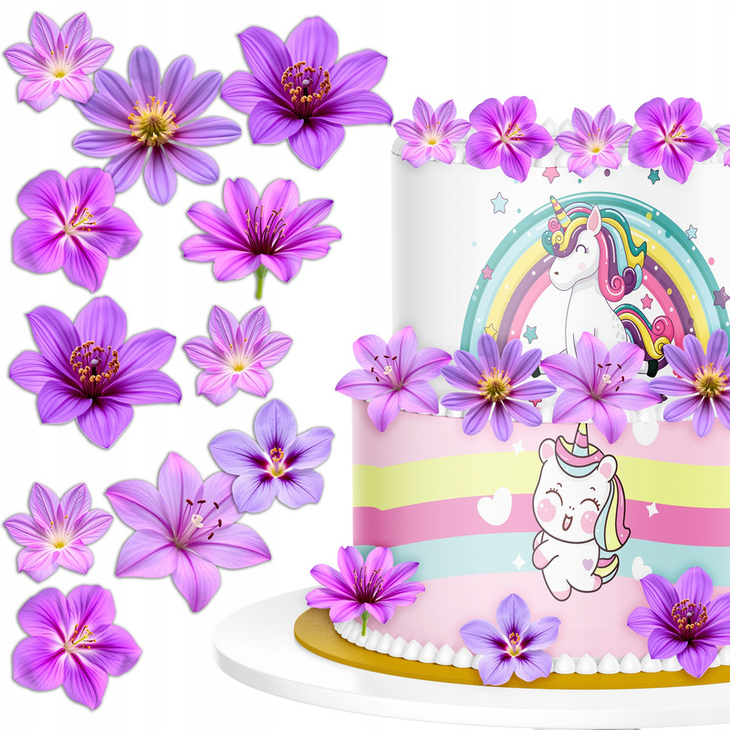 Waflowe Różowe KWIATKI Liliowe Kwiaty na tort Jadalna ozdoba - 32 szt: retailer-supplied image