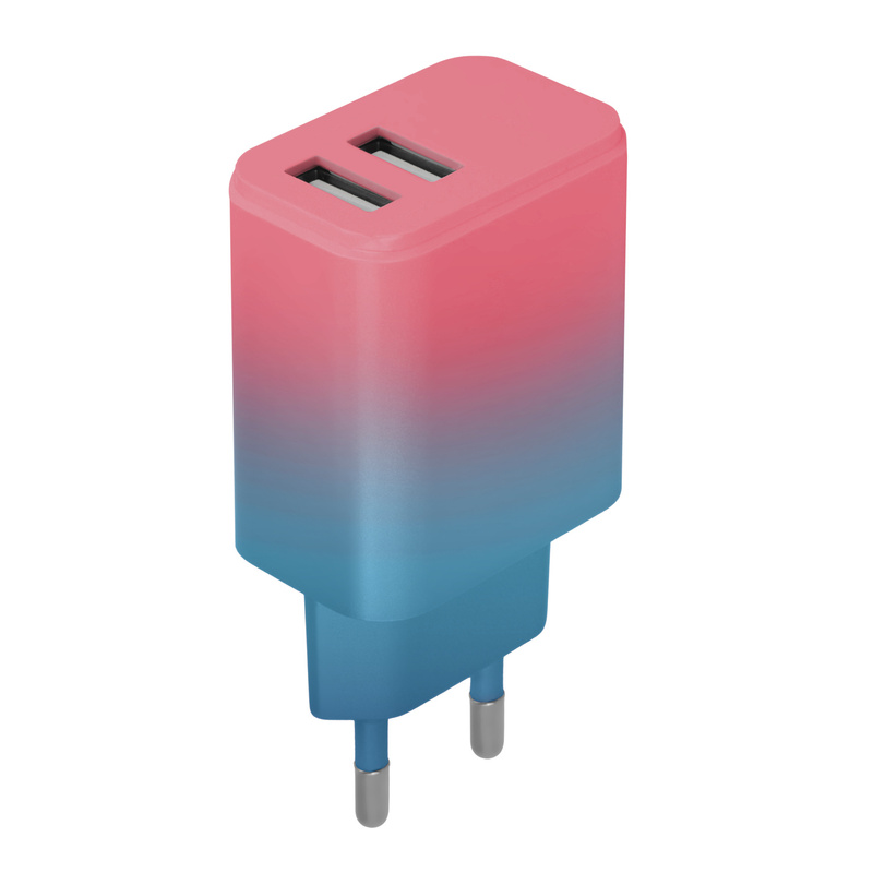 TEMU Chargeur de réseau 2X USB 18W Charge rapide, USB-A, Dégradé bleu-pink