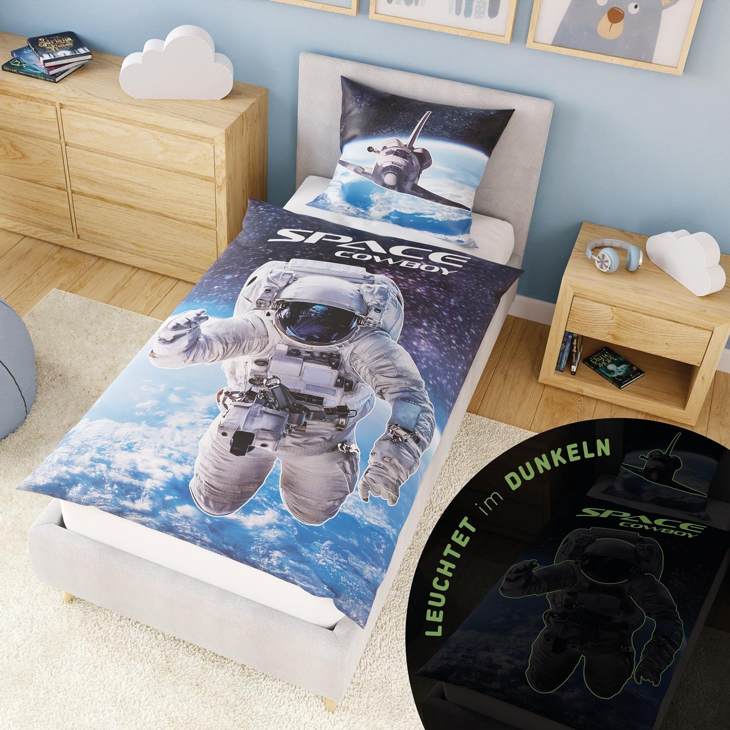 Image of Astronaut Space 100% Bedding Set 135x200 Cm With Pillow 80x80 Cm, Glow In The Dark Bedding For Boys, Luminous Bedding For Kids