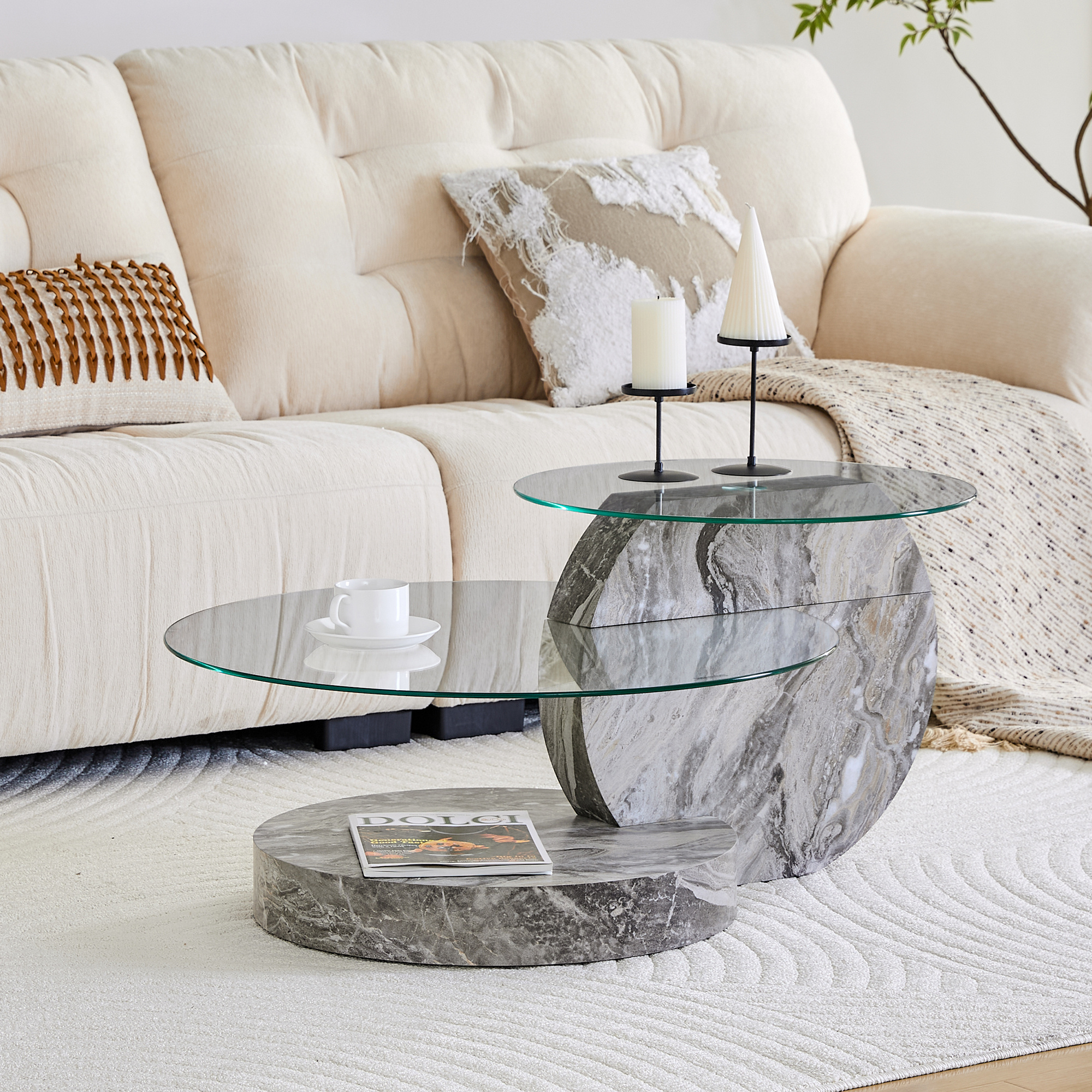 Image of Modern Minimalist Coffee Table Made Of Safety Glass, Two-tiered, Round Marble Optic, Carrier Plate, Grey Marble Structure Sticker. In Colours.