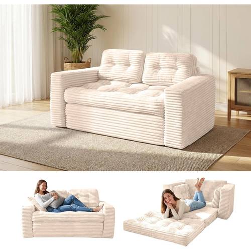 2 in 1 convertible sofa bed corded fabric loveseat futon with high density foam folding floor couch for small spaces white