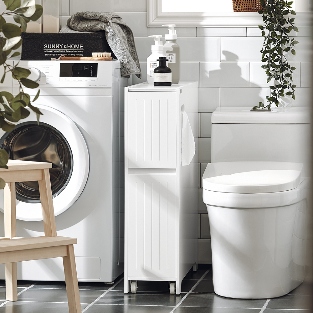 TEMU Armoire WC Toilettes Compact, Meuble de Rangement Salle de Bain Étroit sur Roulettes, Support Papier Toilette SoBuy BZR111-W