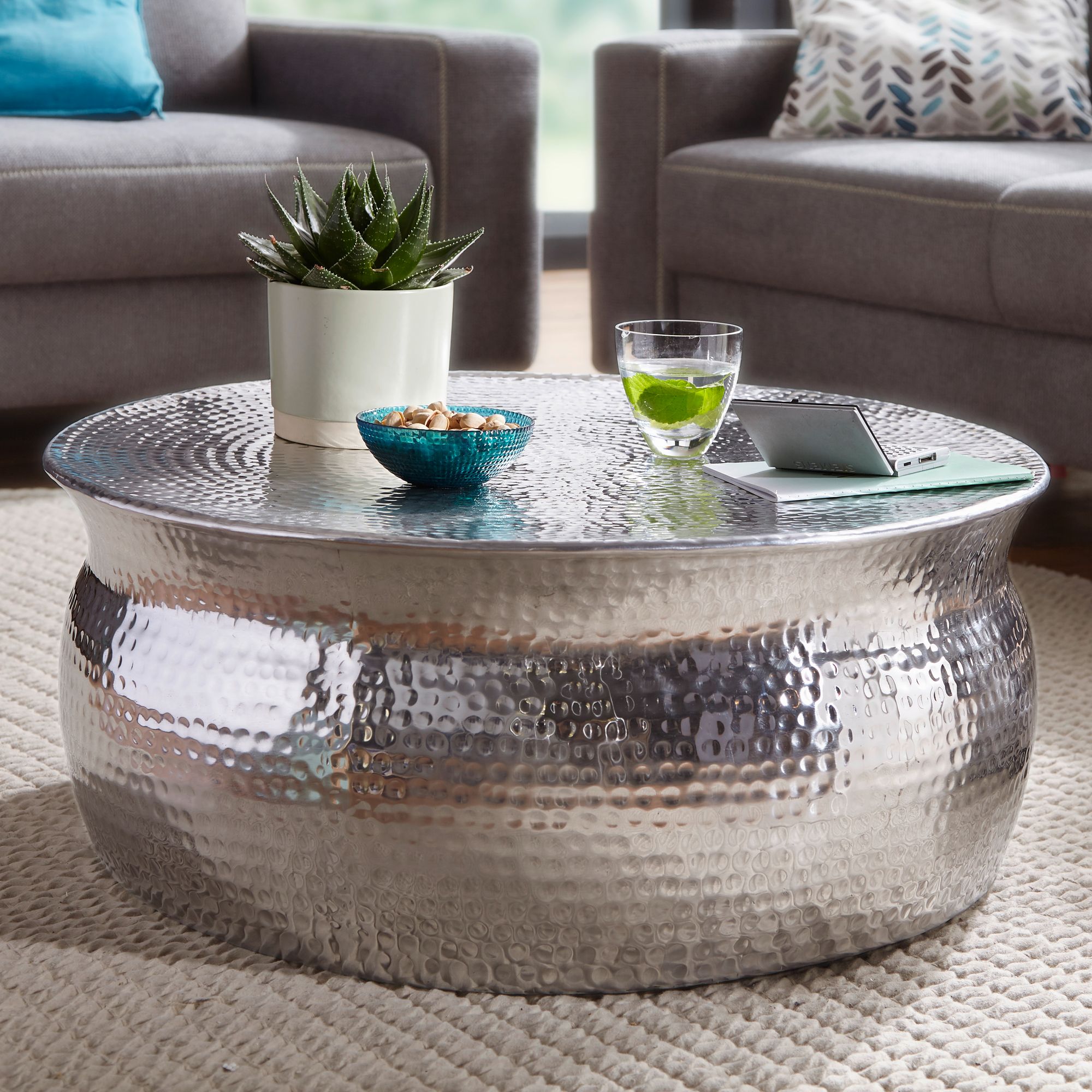 Coffee Table 75 X 31 X 75 Cm, Aluminum Oriental Round Side Table, Flat Finish Sofa Table, Living Room Table, Small Indian Lounge Table, Compact Indoor Table