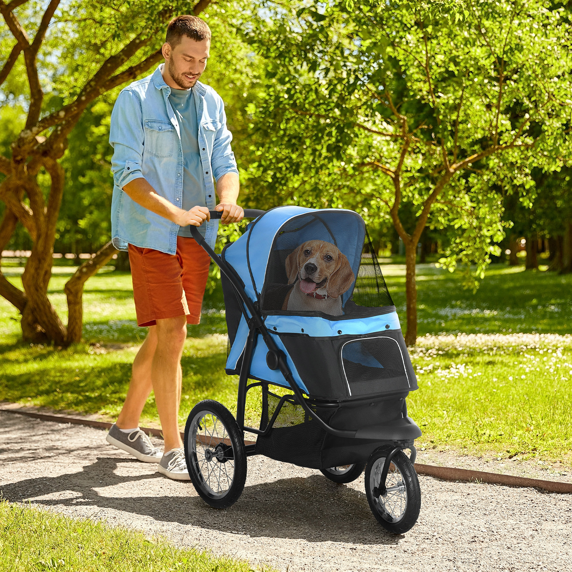 Foldable Pet Stroller For Up To 20 Kg, Rubber Wheels, Cushion, Mesh Windows, Doors, Storage Basket, Blue