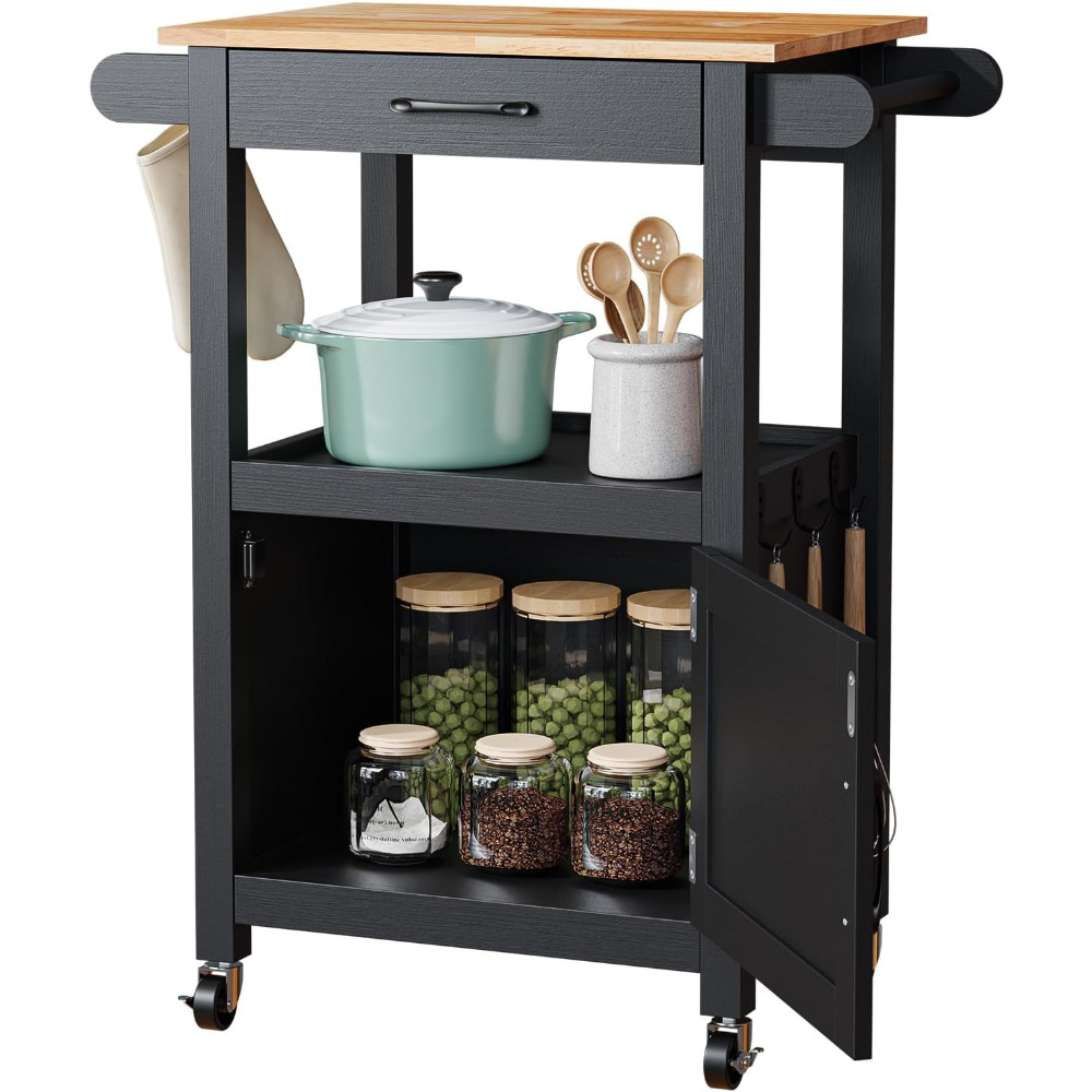 Image of -style Serving Cart With Wheels, Kitchen Cart With Worktop And Drawers, Barn Door Design In Black, Wood Relief, Metal Handle & Plate, 74x63x89cm (black)