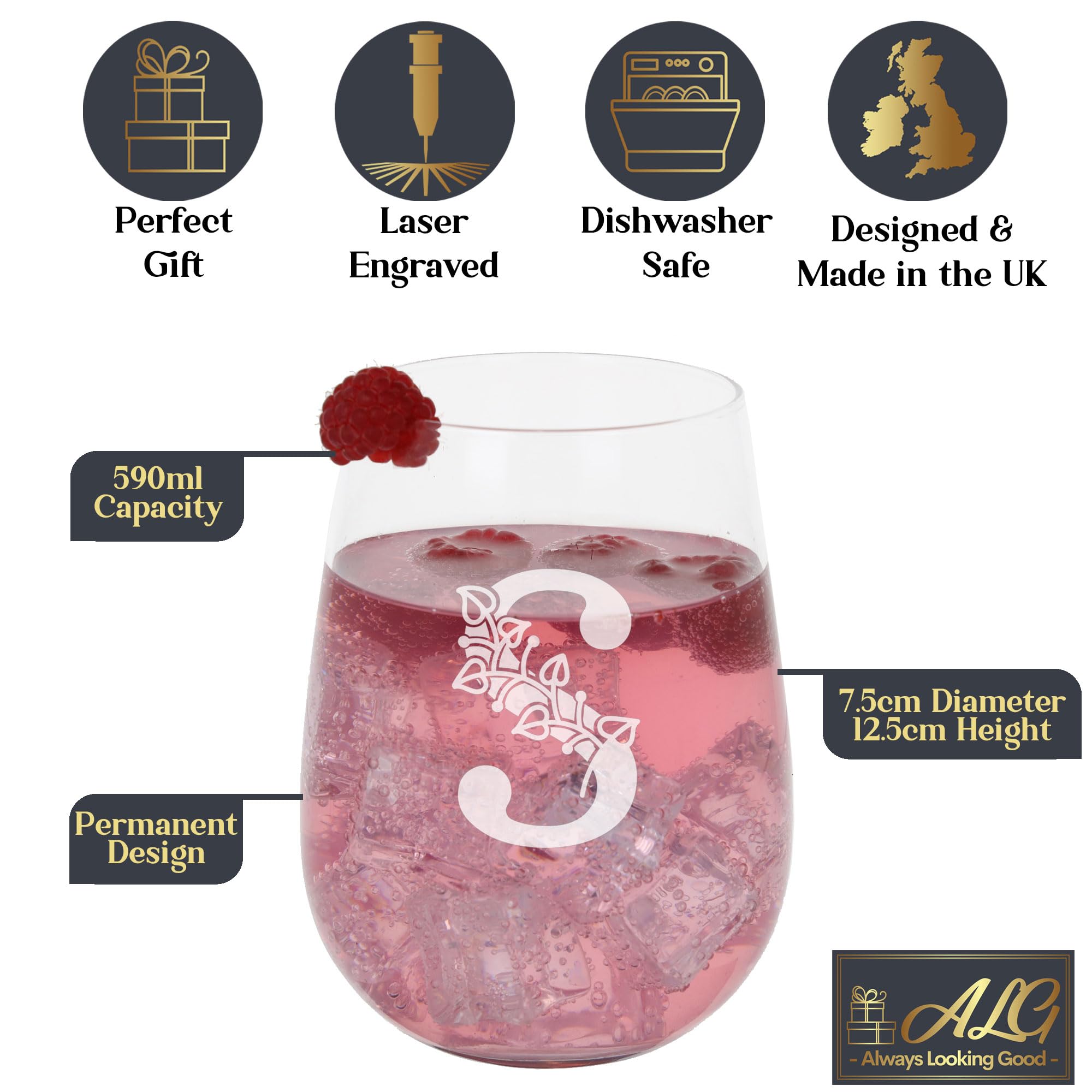 S Monogram Initial Etched Stemless Gin Glass, Engraved Gift