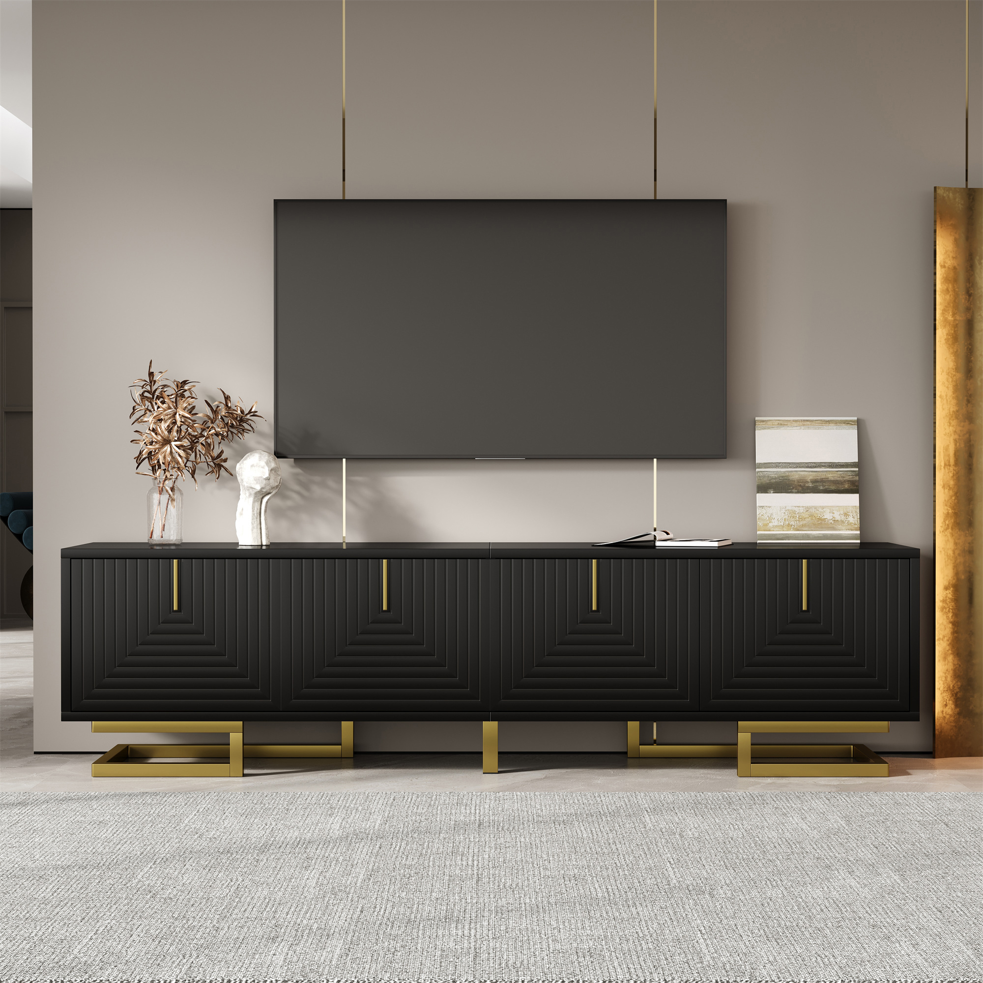 Tv Cabinet, Lowboard With Textured Doors, Tv Furniture, Golden Handles And