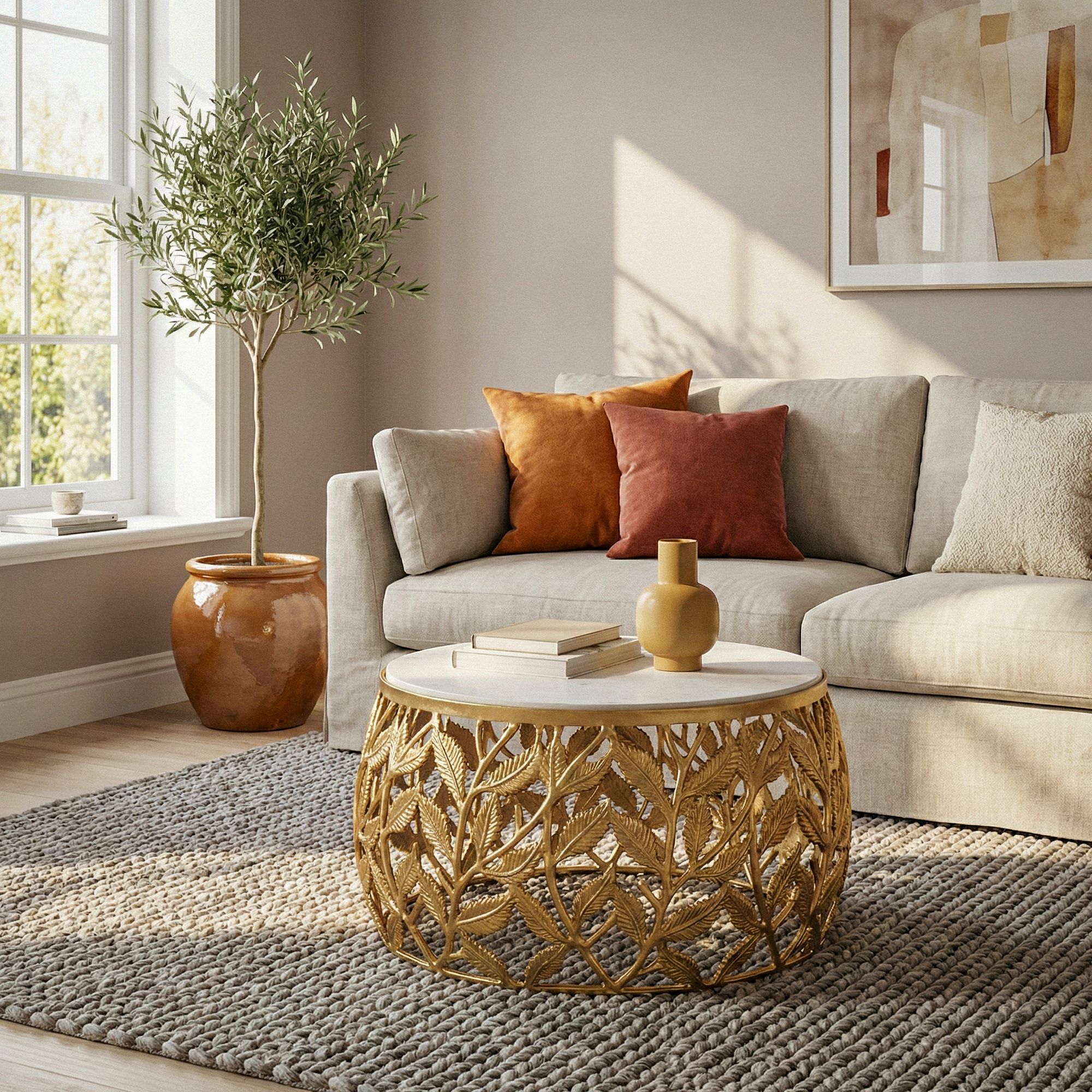 60cm Gold Coffee Table With Tabletop - Round Living Room Table - Modern Sofa Table - Aluminum Side Table - Design Living Room Side Table With Metal Frame, Handmade