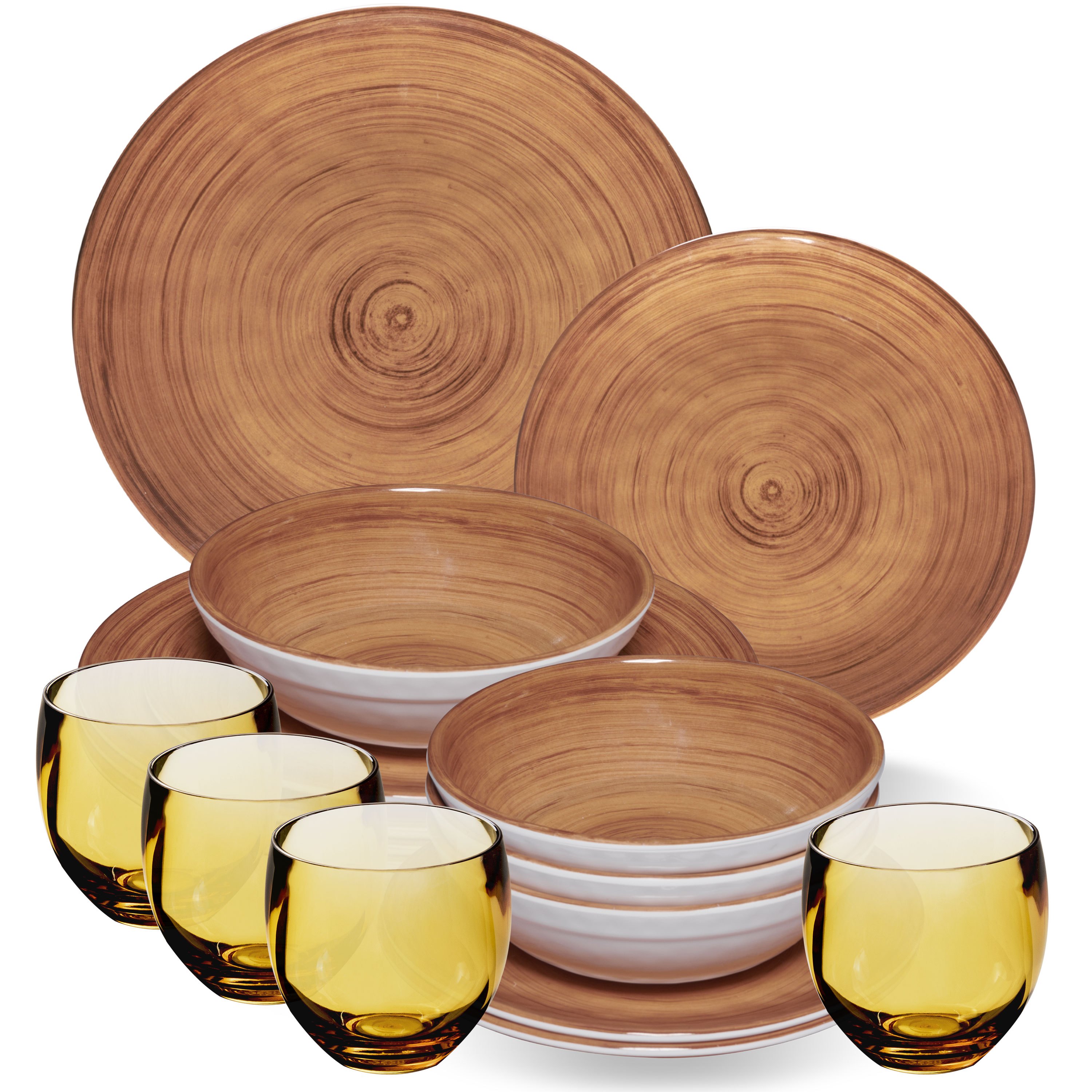 Melamine Dish Set Brown For - 16pcs With Color- Acrylic Tumblers 400 Ml Optics Dishwasher-safe Accessories Camping Dish Set Camping Festival