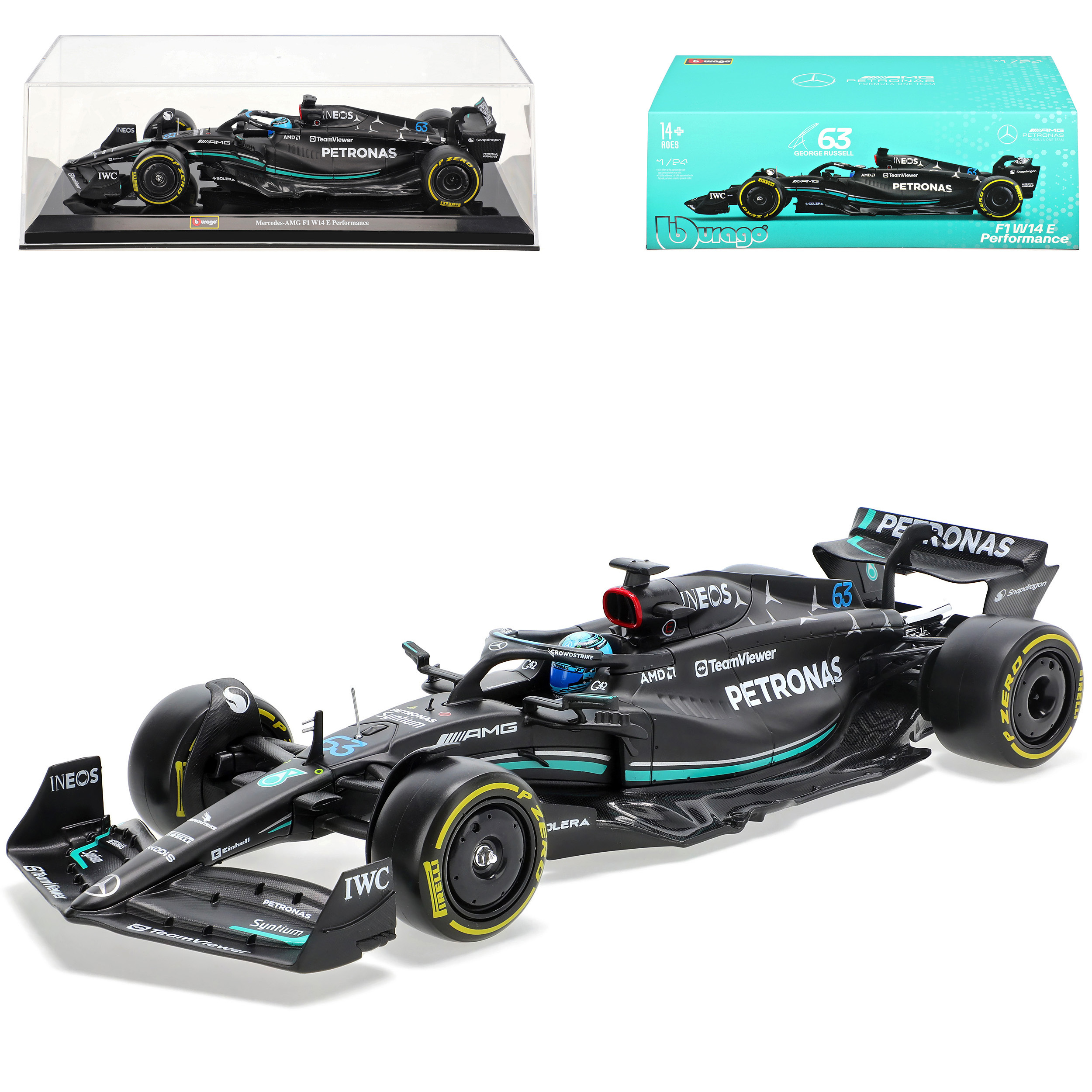 Image of Mercedes-benz Amg W14 Georg No. 63 Formula 1 2023 With Base Case 1/24 Bburago Model Car