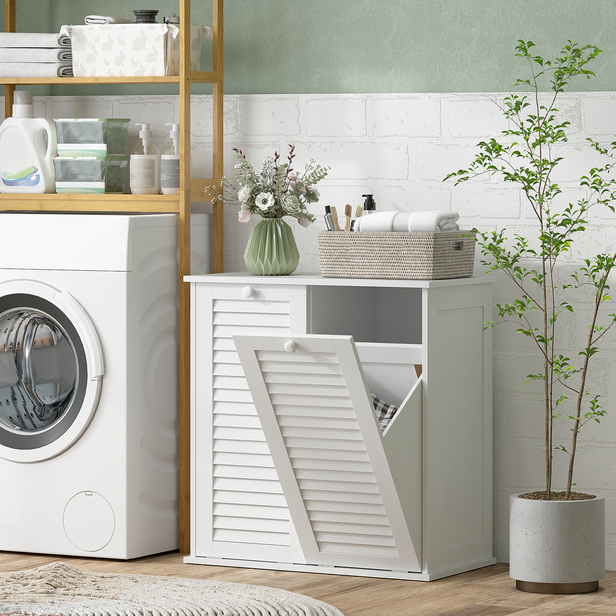 Image of Homcom Laundry Cabinet, Bathroom Cabinet With 2 Laundry Baskets, Bathroom Cabinet With Handles, Louvered Doors Laundry Collector Bathroom Furniture For Bathroom 70 X 38 X 73 Cm White