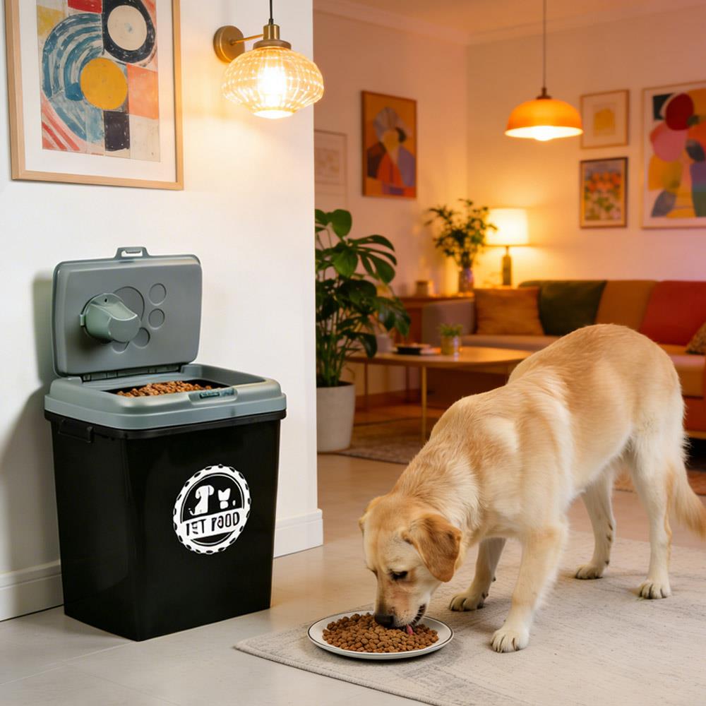 40L Pet Food Storage Container Airtight with Flip Top Lock – Holds 15kg Dry Food, Plastic Food Dispenser Bin with Scoop for Dog Cat Bird Fish Food Black/Grey
