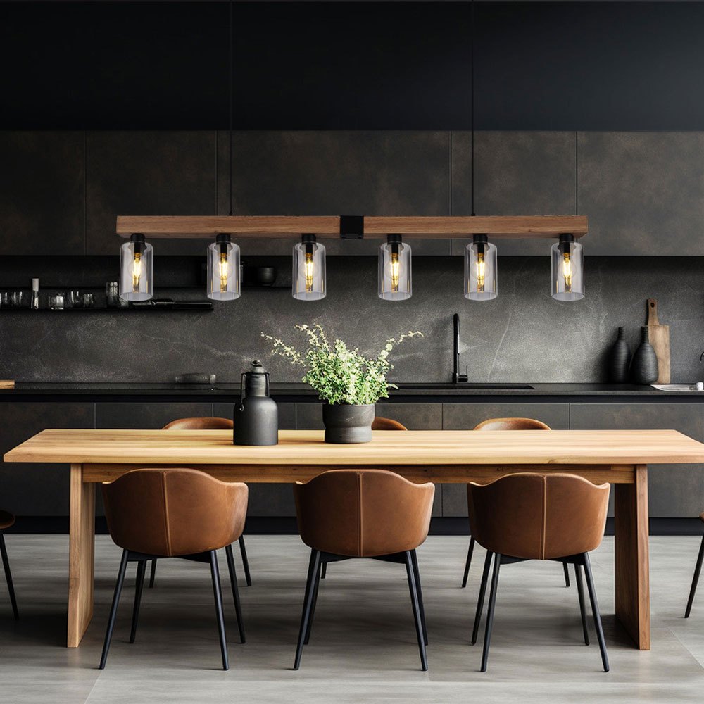 Image of Suspension Lamp Pendant Optic Dining Table Lamp 6 Living Room, Smoked Glass Metal Black, 6x E27, Lxh 140x120 Cm